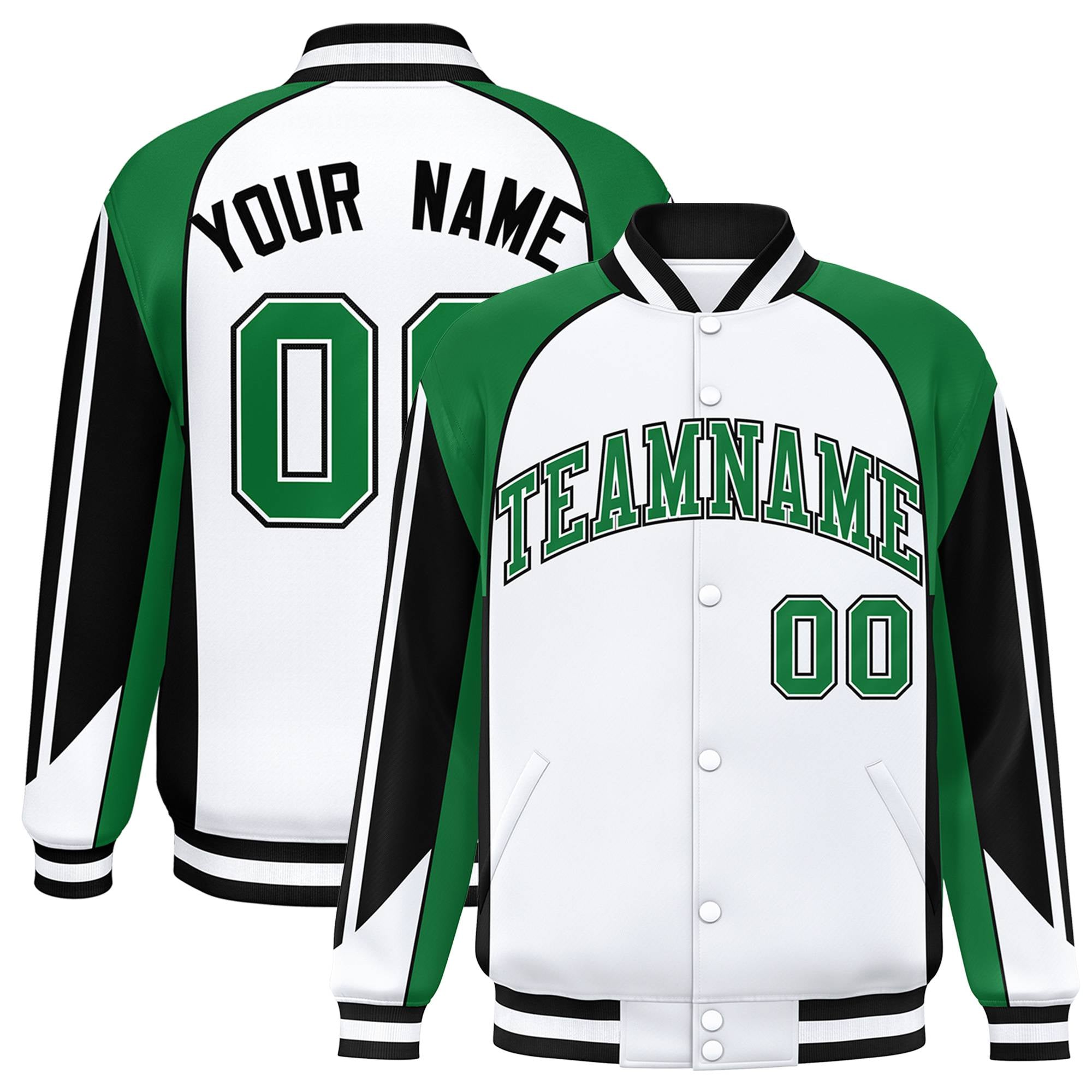 Custom White Green-Black Raglan Sleeves Varsity Letterman Two Tone Jacket