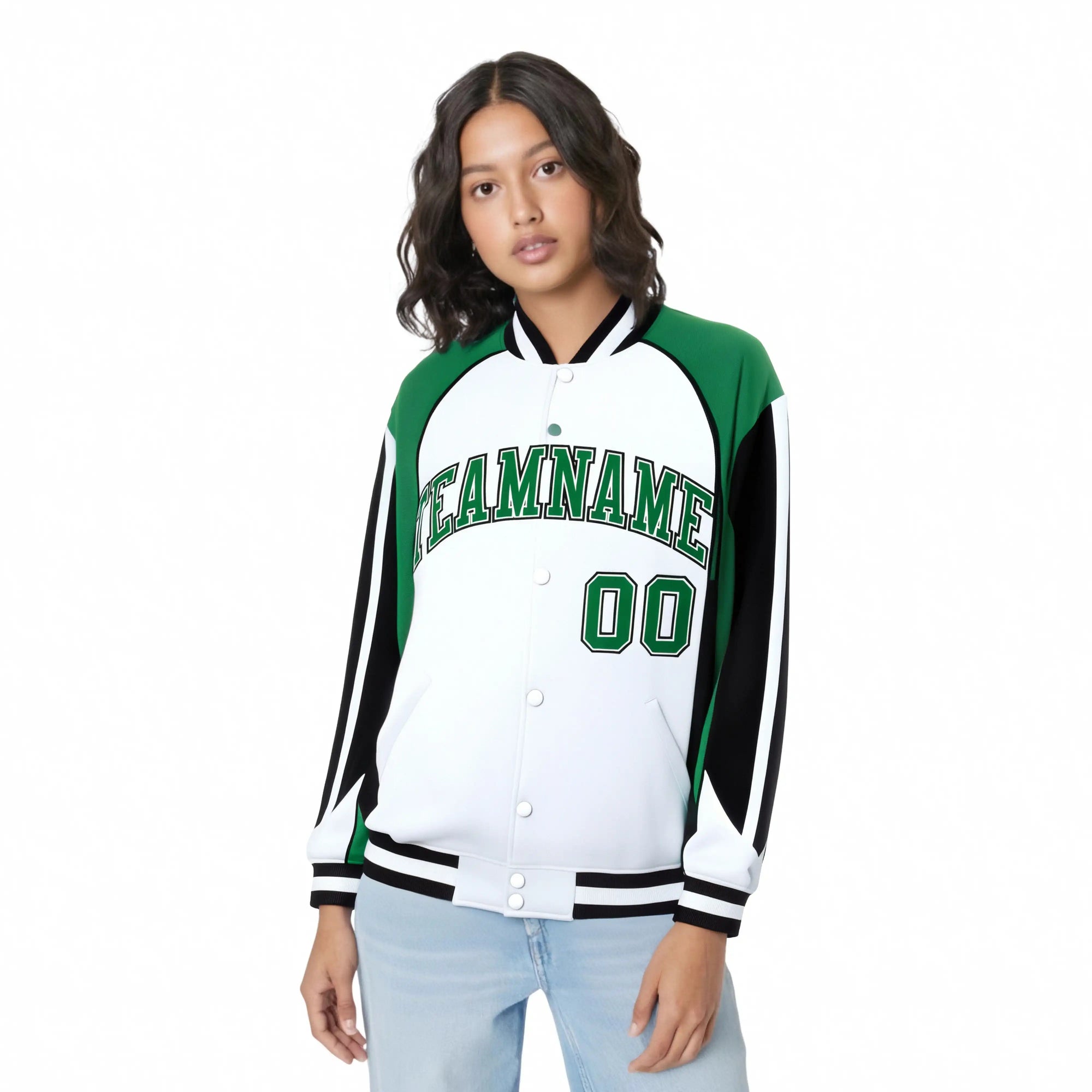 Custom White Green-Black Raglan Sleeves Varsity Letterman Two Tone Jacket