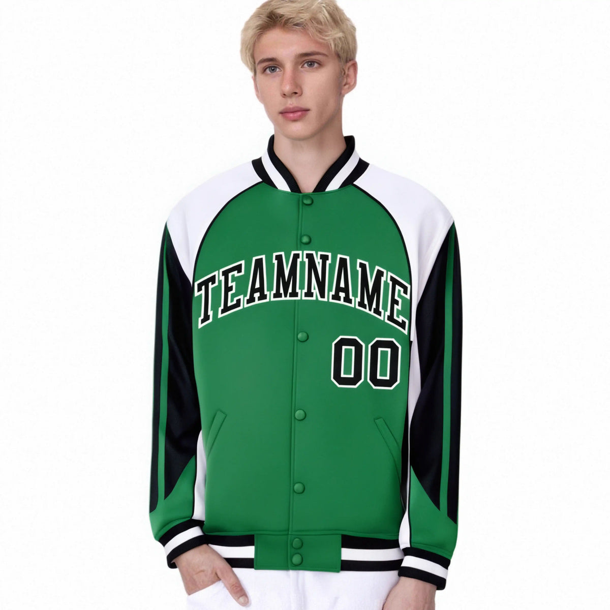 Custom Green White-Black Raglan Sleeves Varsity Letterman Two Tone Jacket