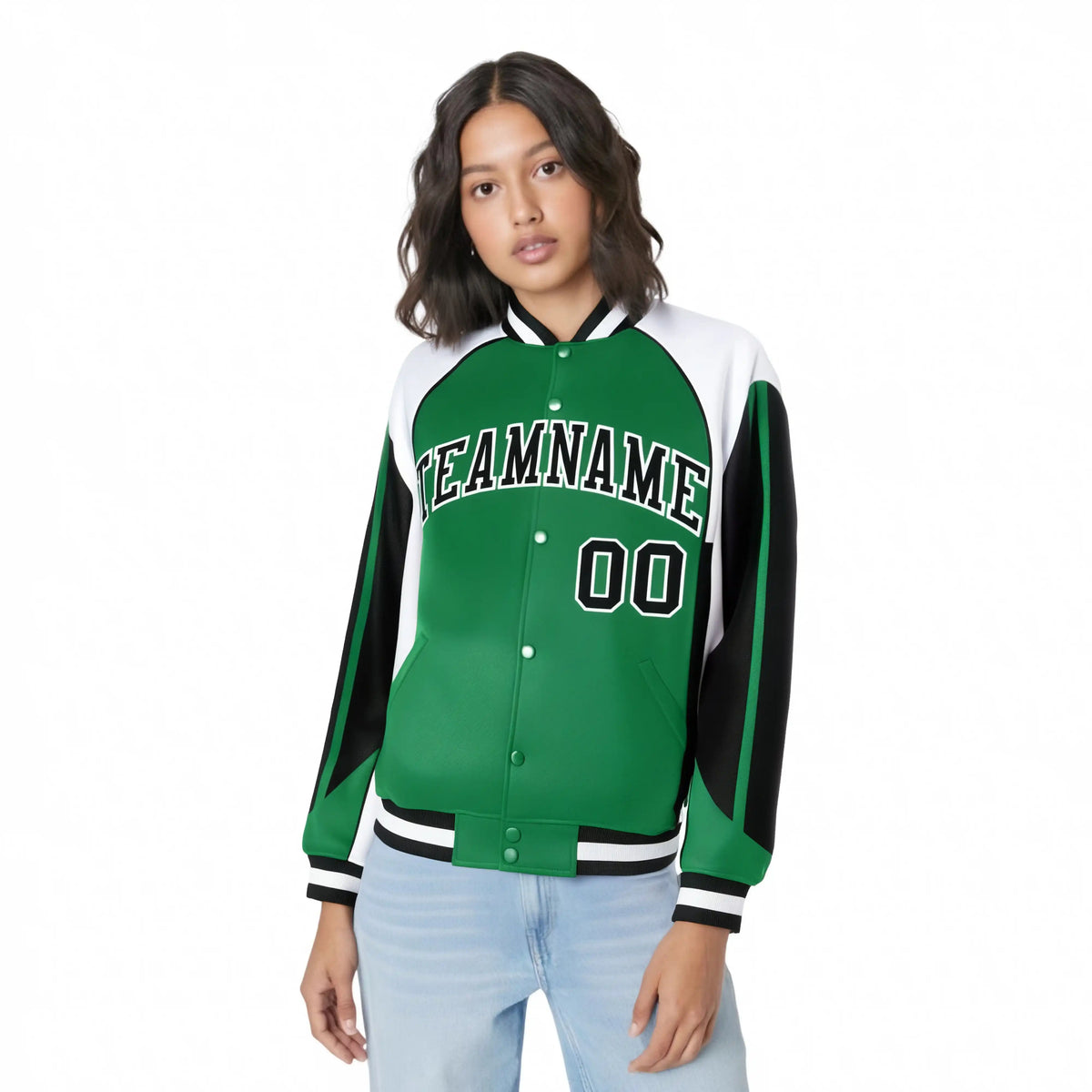 Custom Green White-Black Raglan Sleeves Varsity Letterman Two Tone Jacket