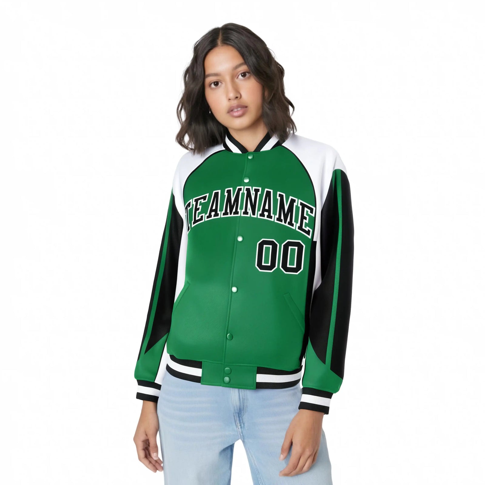 Custom Green White-Black Raglan Sleeves Varsity Letterman Two Tone Jacket
