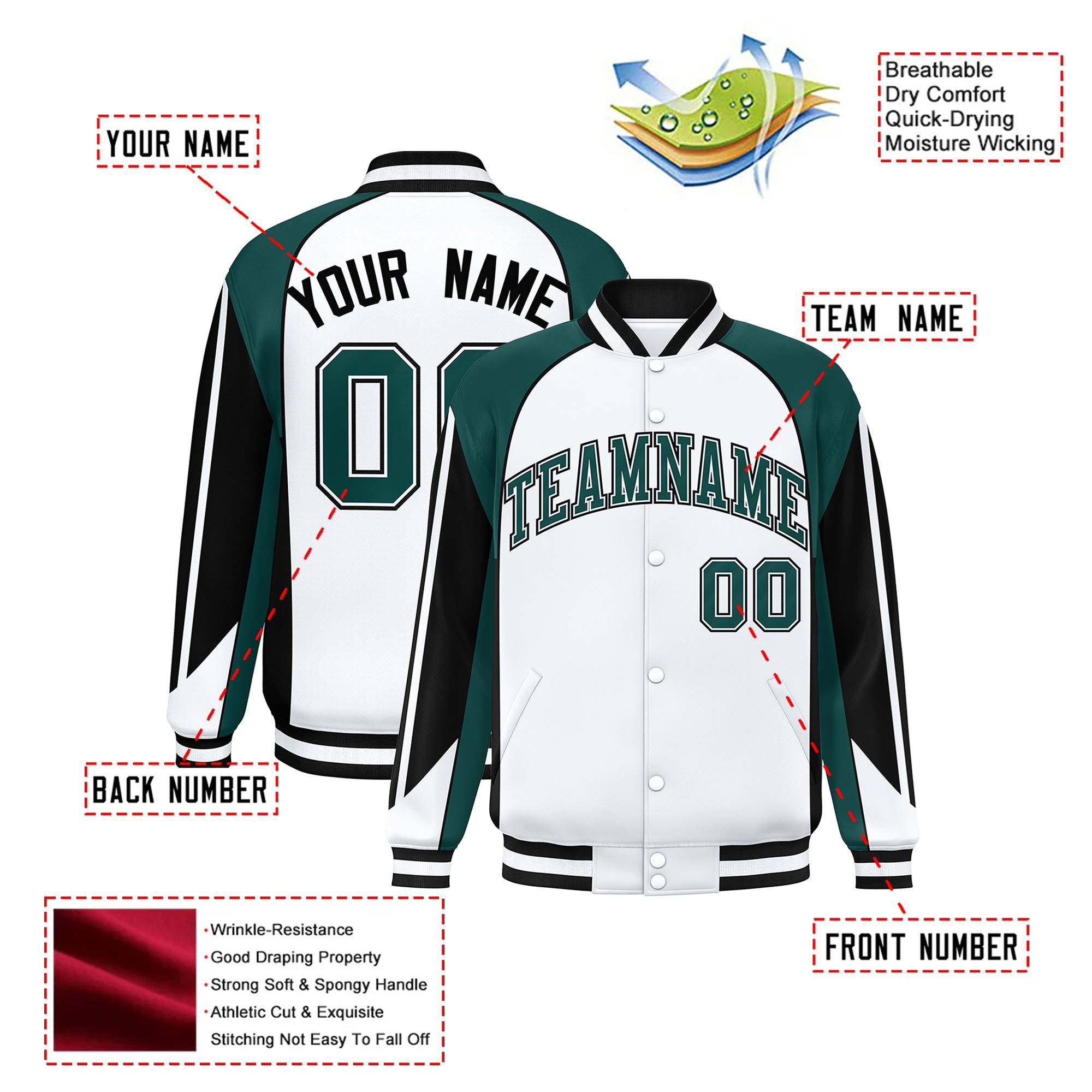 Custom White Midnight-Green Black Raglan Sleeves Varsity Letterman Two Tone Jacket