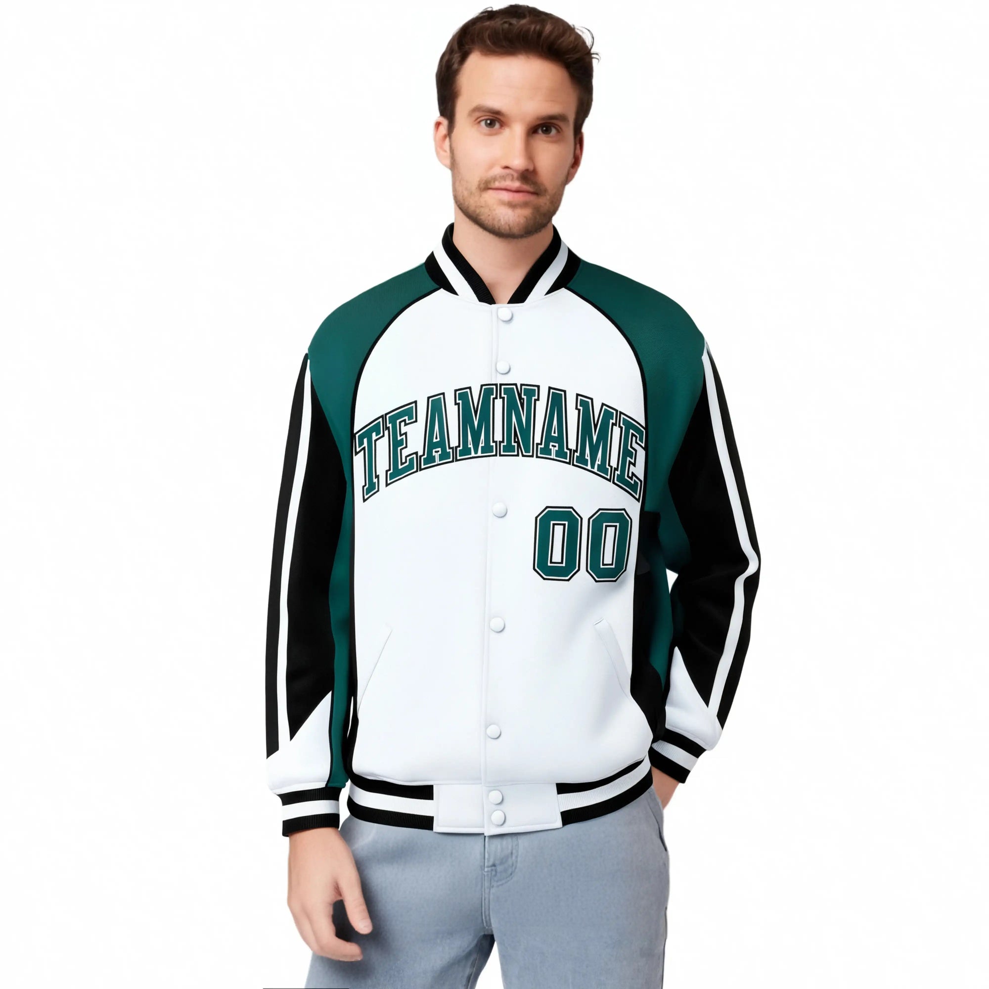 Custom White Midnight-Green Black Raglan Sleeves Varsity Letterman Two Tone Jacket