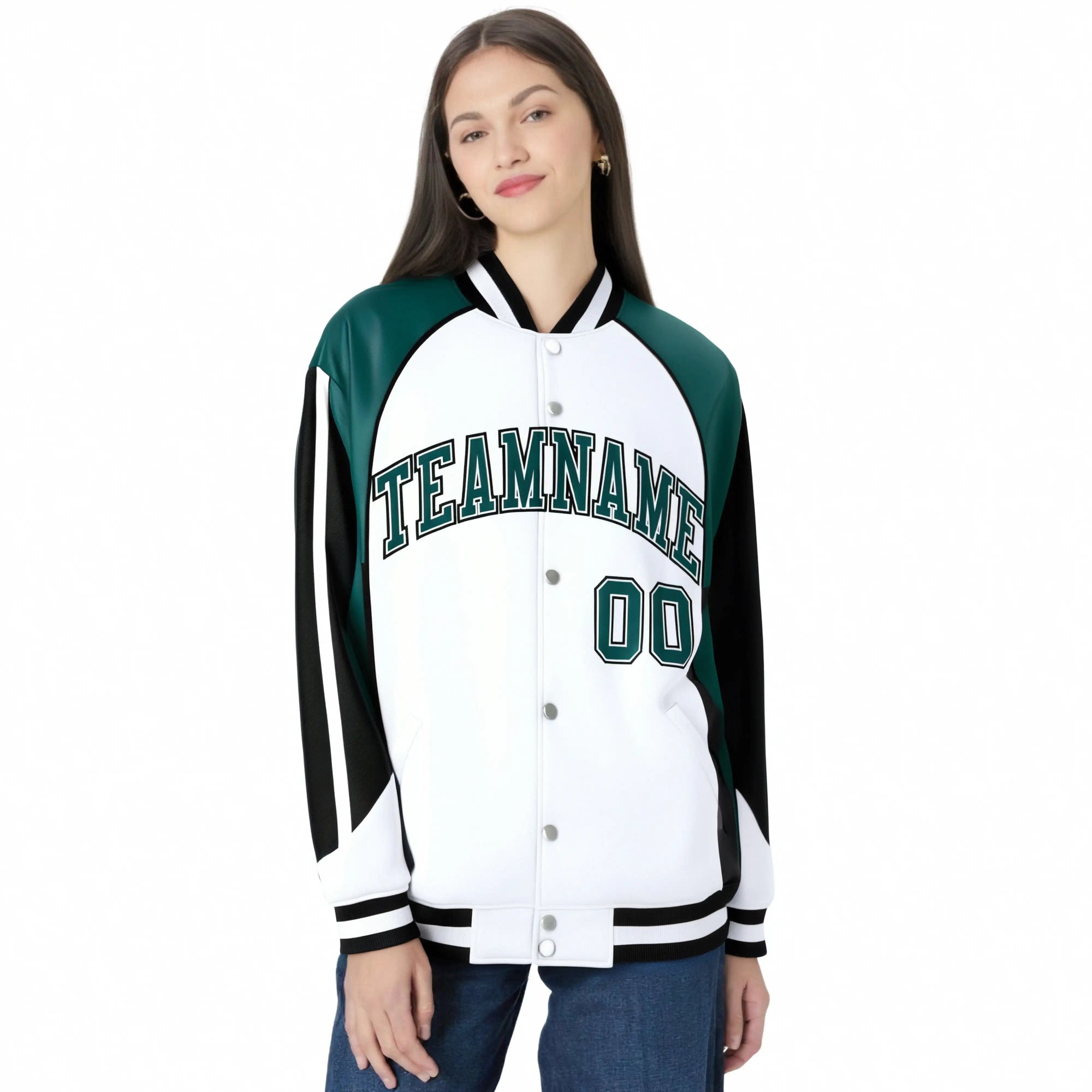 Custom White Midnight-Green Black Raglan Sleeves Varsity Letterman Two Tone Jacket