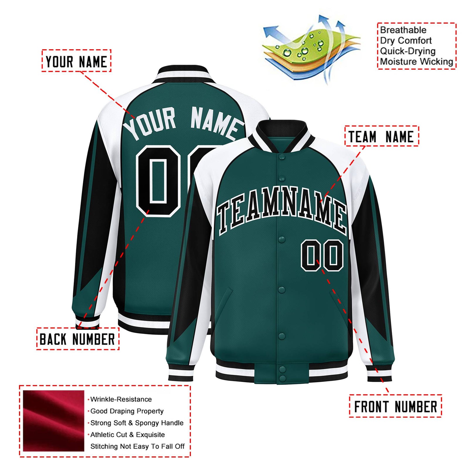 Custom Midnight-Green White-Black Raglan Sleeves Varsity Letterman Two Tone Jacket
