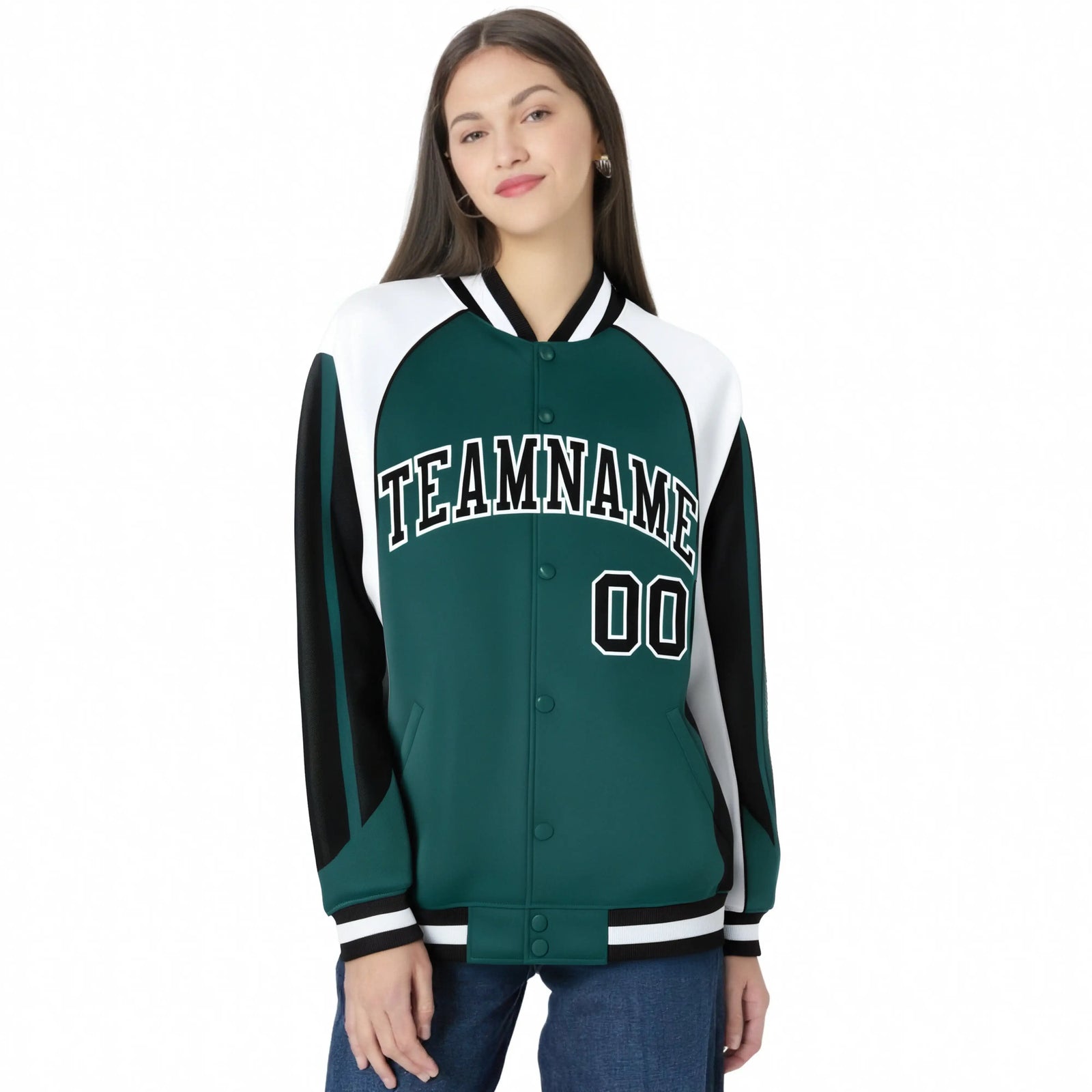 Custom Midnight-Green White-Black Raglan Sleeves Varsity Letterman Two Tone Jacket