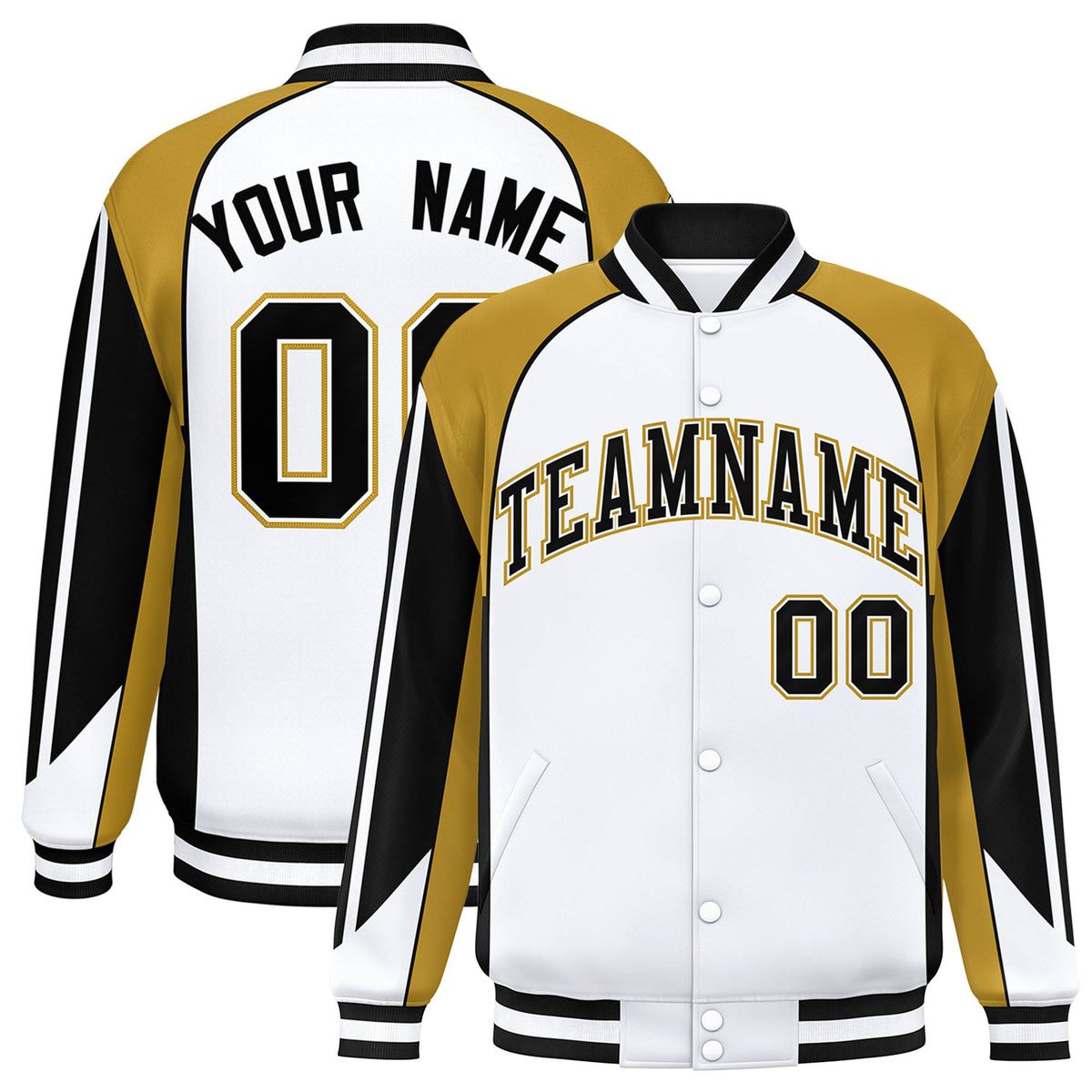 Custom White Old-Gold Black Raglan Sleeves Varsity Letterman Two Tone Jacket