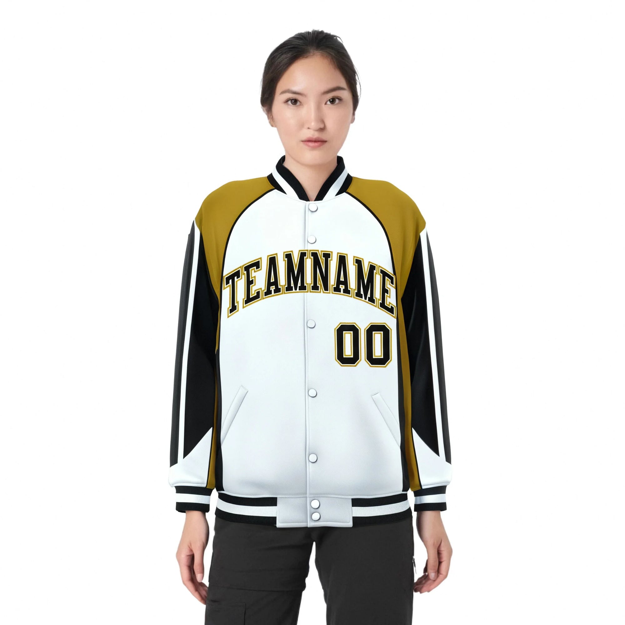 Custom White Old-Gold Black Raglan Sleeves Varsity Letterman Two Tone Jacket