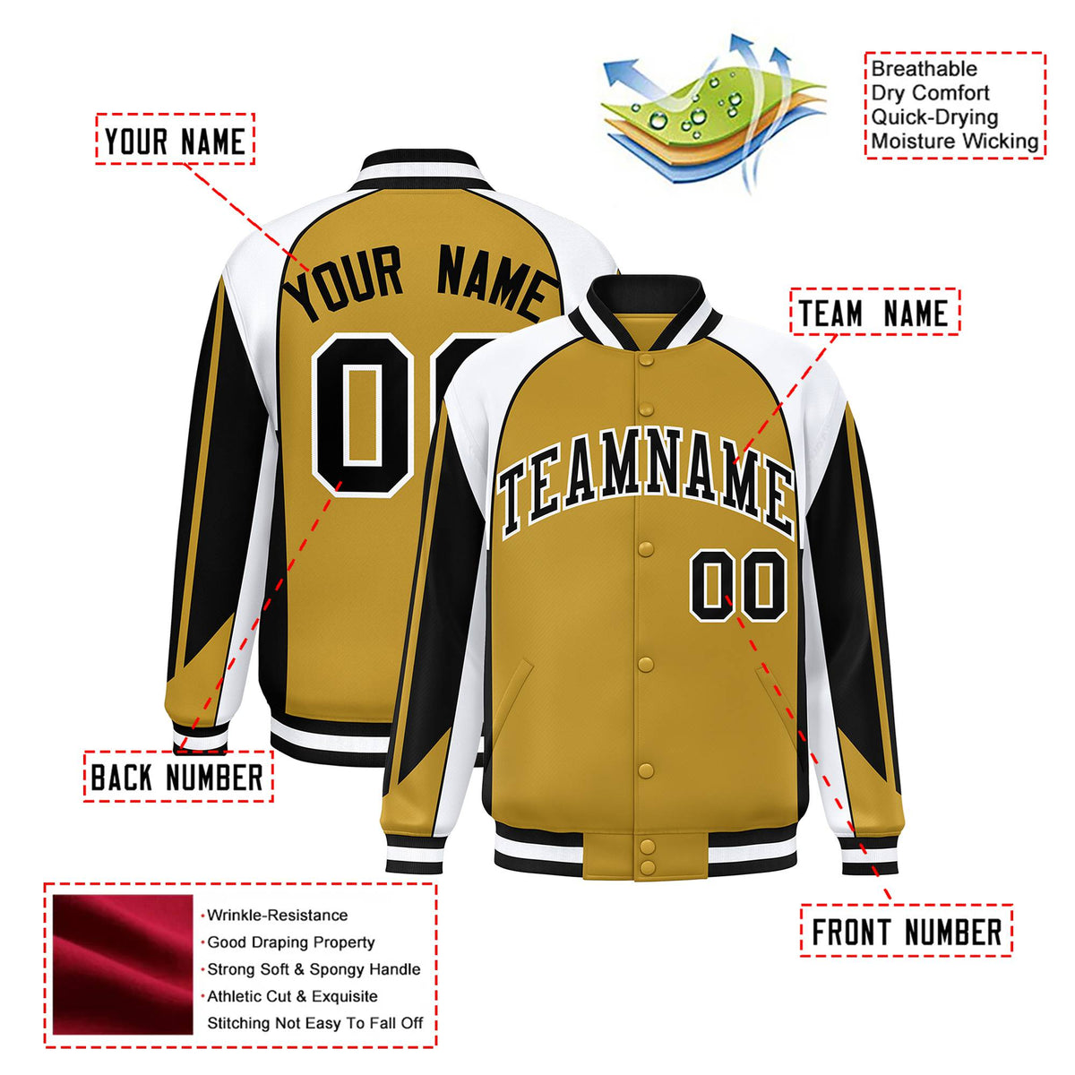 Custom Old-Gold White-Black Raglan Sleeves Varsity Letterman Two Tone Jacket
