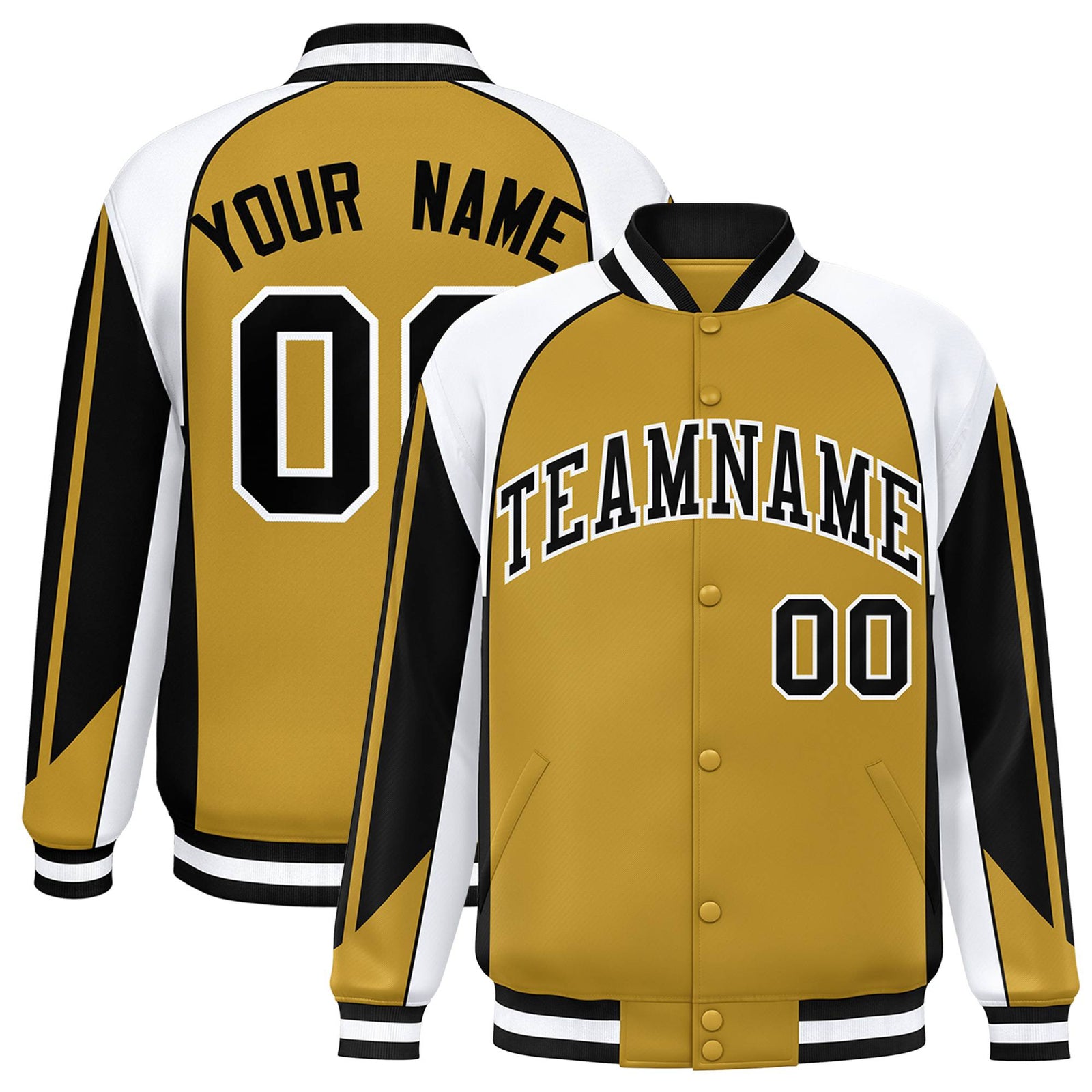 Custom Old-Gold White-Black Raglan Sleeves Varsity Letterman Two Tone Jacket