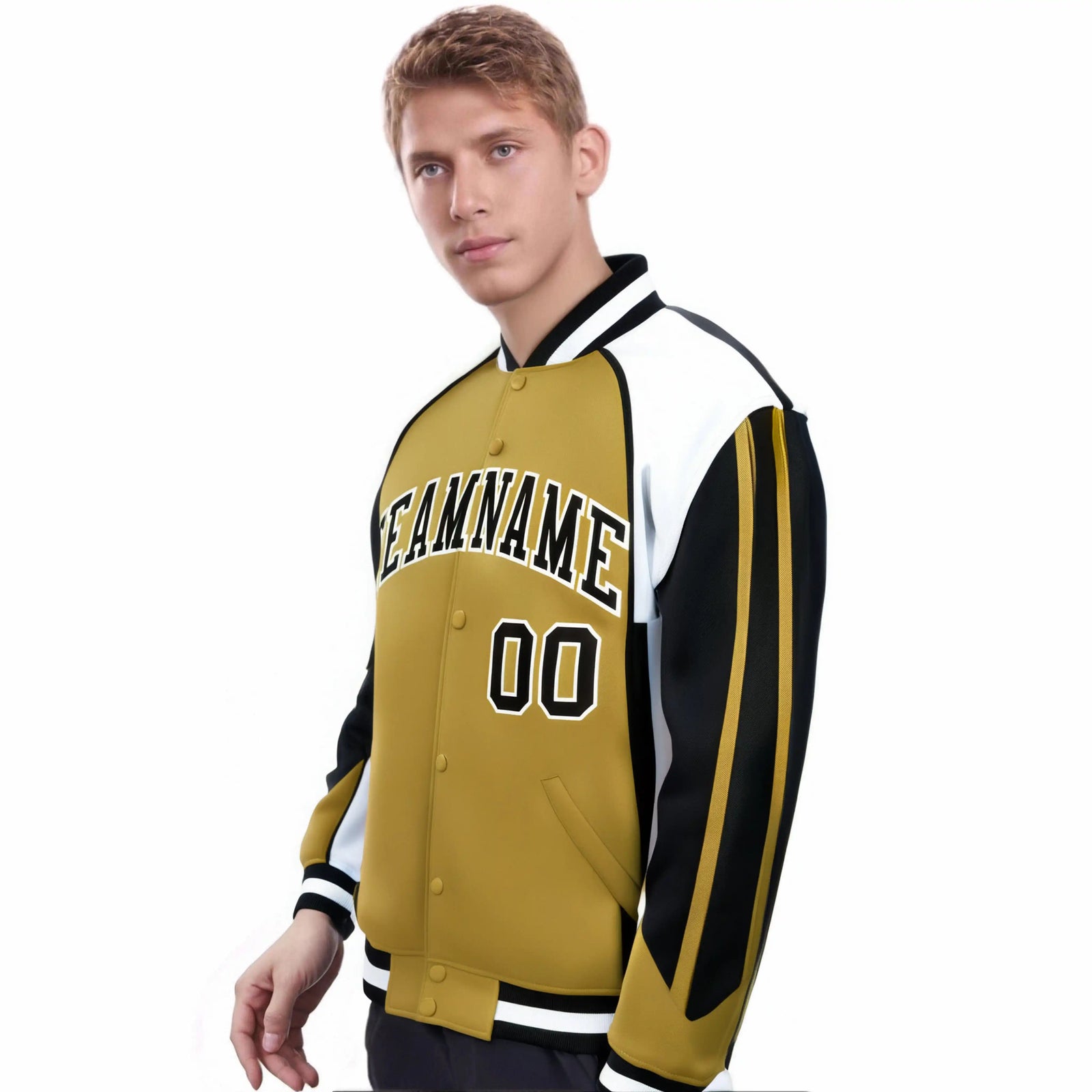 Custom Old-Gold White-Black Raglan Sleeves Varsity Letterman Two Tone Jacket