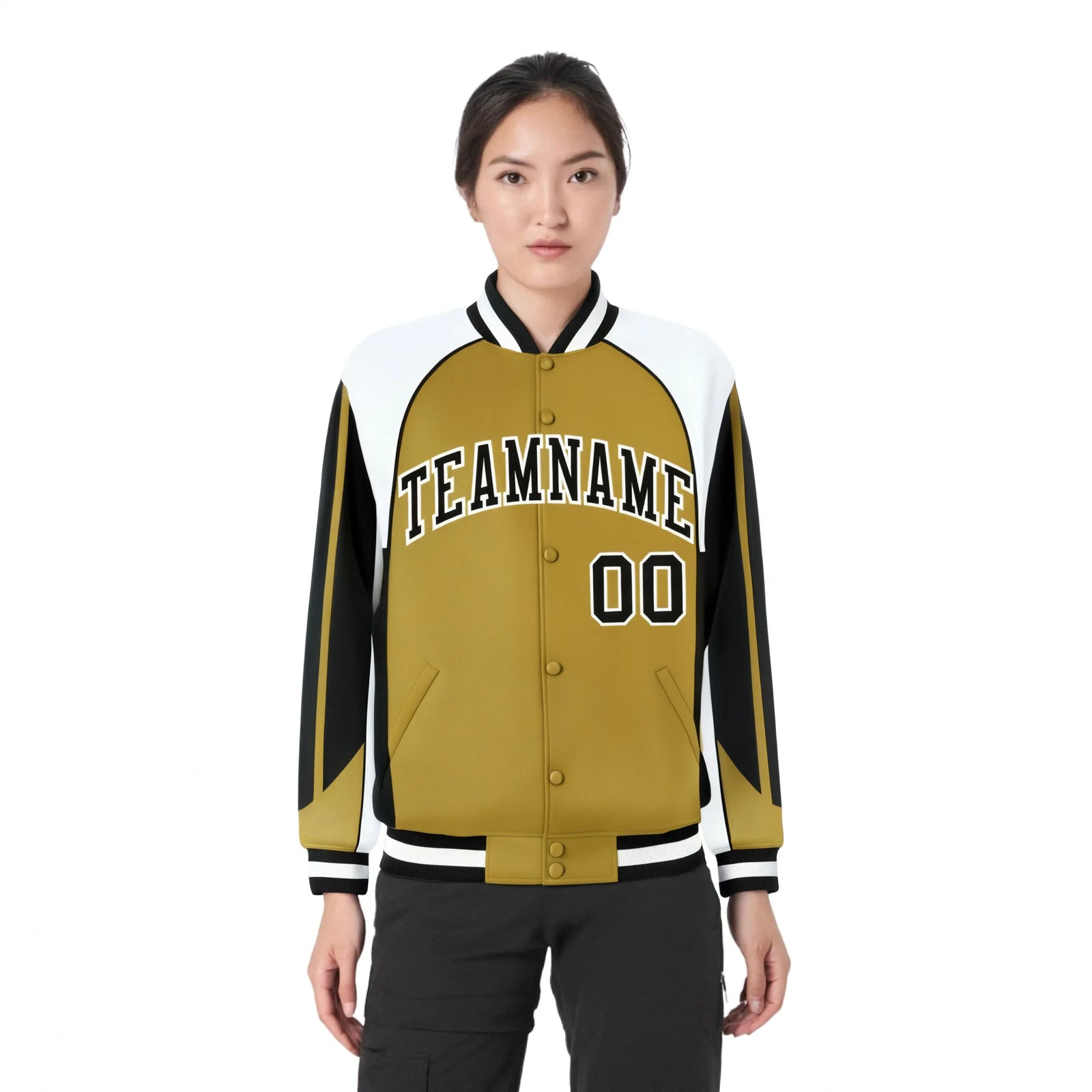 Custom Old-Gold White-Black Raglan Sleeves Varsity Letterman Two Tone Jacket