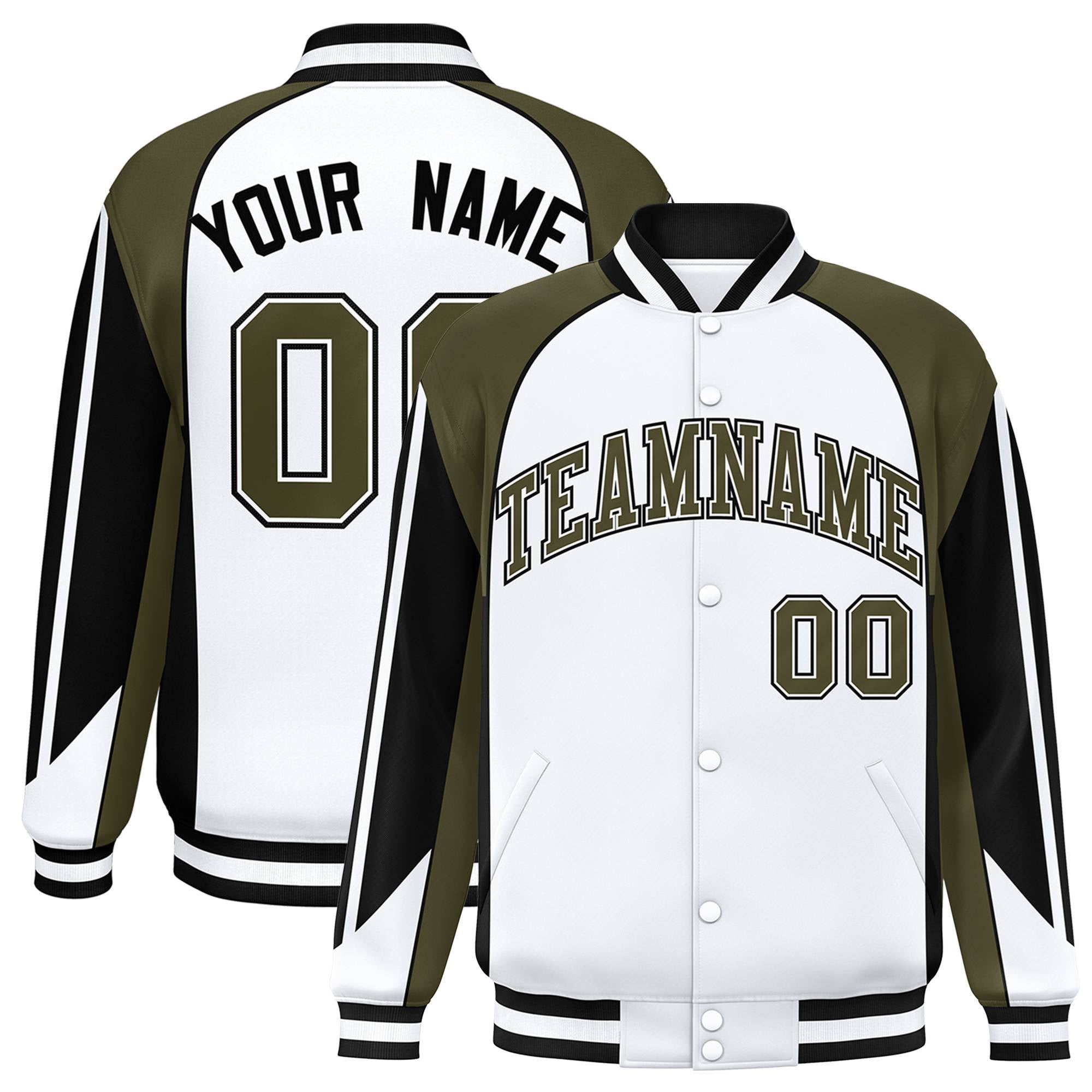 Custom White Olive-Black Raglan Sleeves Varsity Letterman Two Tone Jacket