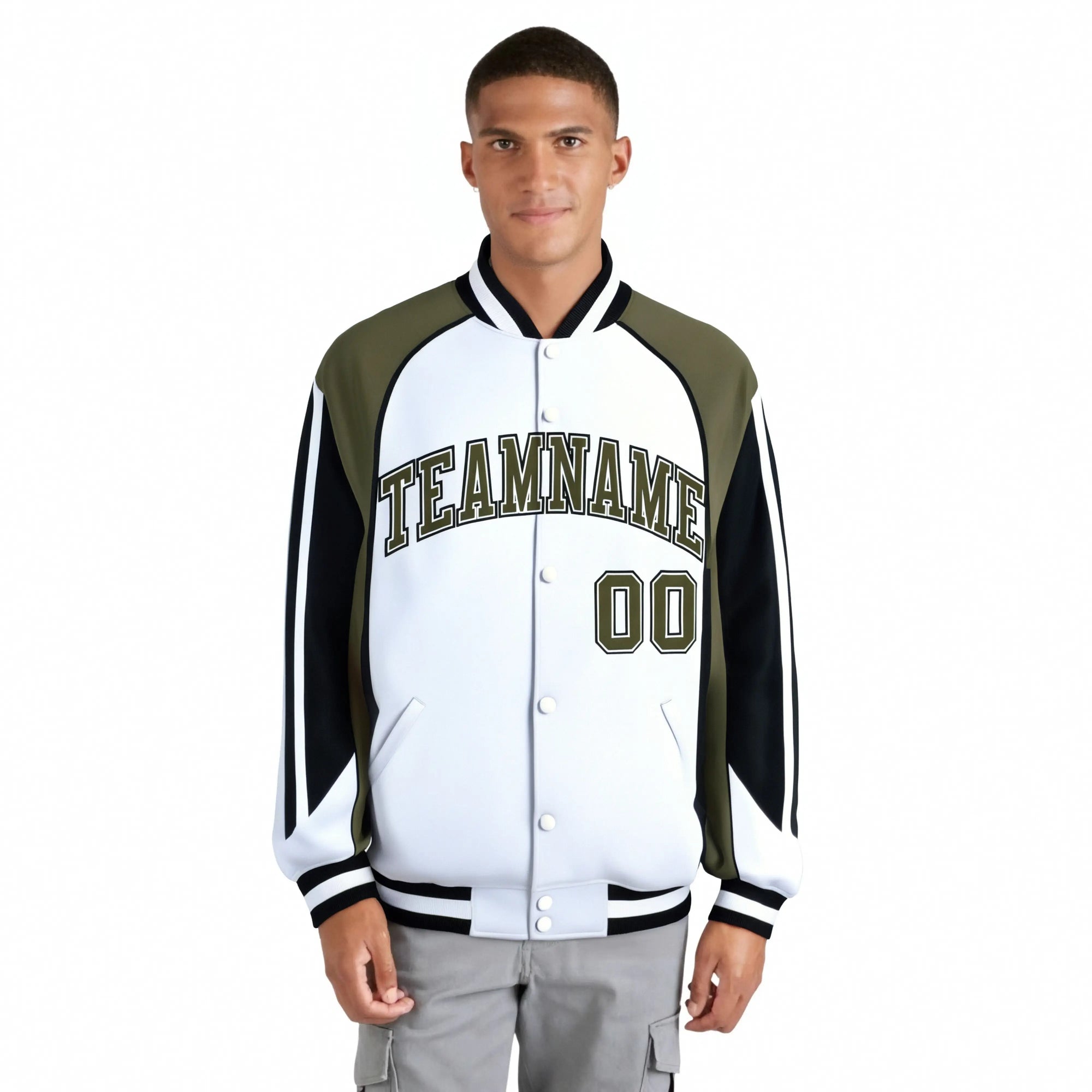 Custom White Olive-Black Raglan Sleeves Varsity Letterman Two Tone Jacket