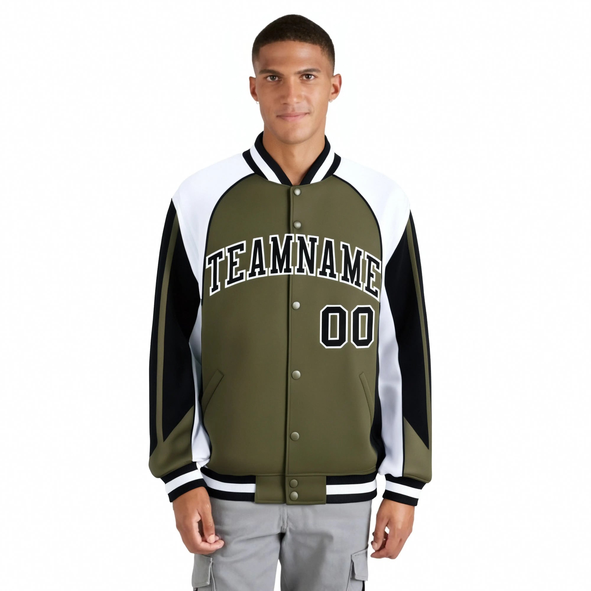 Custom Olive White-Black Raglan Sleeves Varsity Letterman Two Tone Jacket