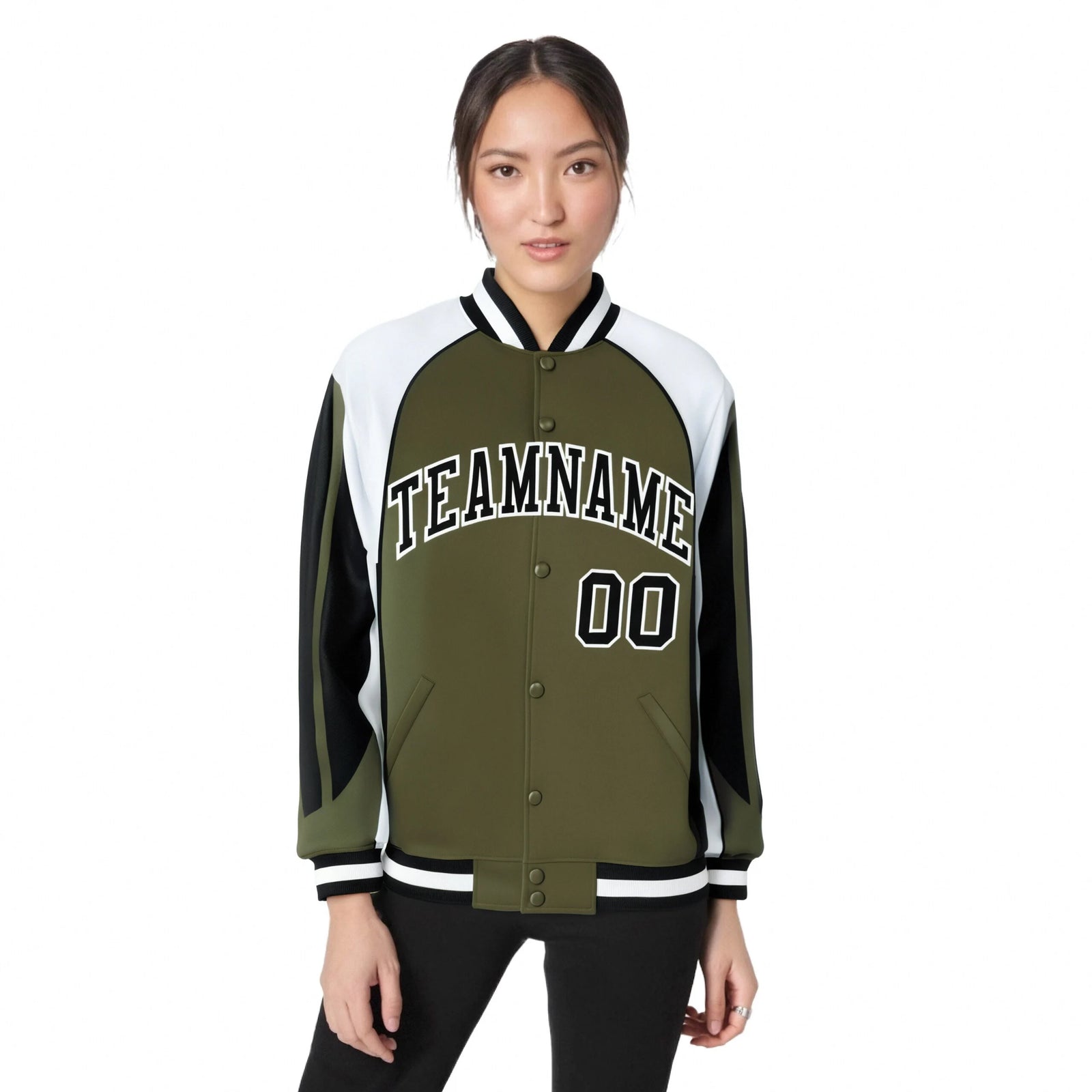 Custom Olive White-Black Raglan Sleeves Varsity Letterman Two Tone Jacket