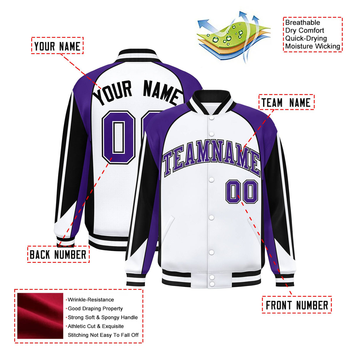 Custom White Purple-Black Raglan Sleeves Varsity Letterman Two Tone Jacket