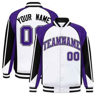 Chaqueta universitaria personalizada con mangas raglán en blanco, morado y negro - Estilo 1