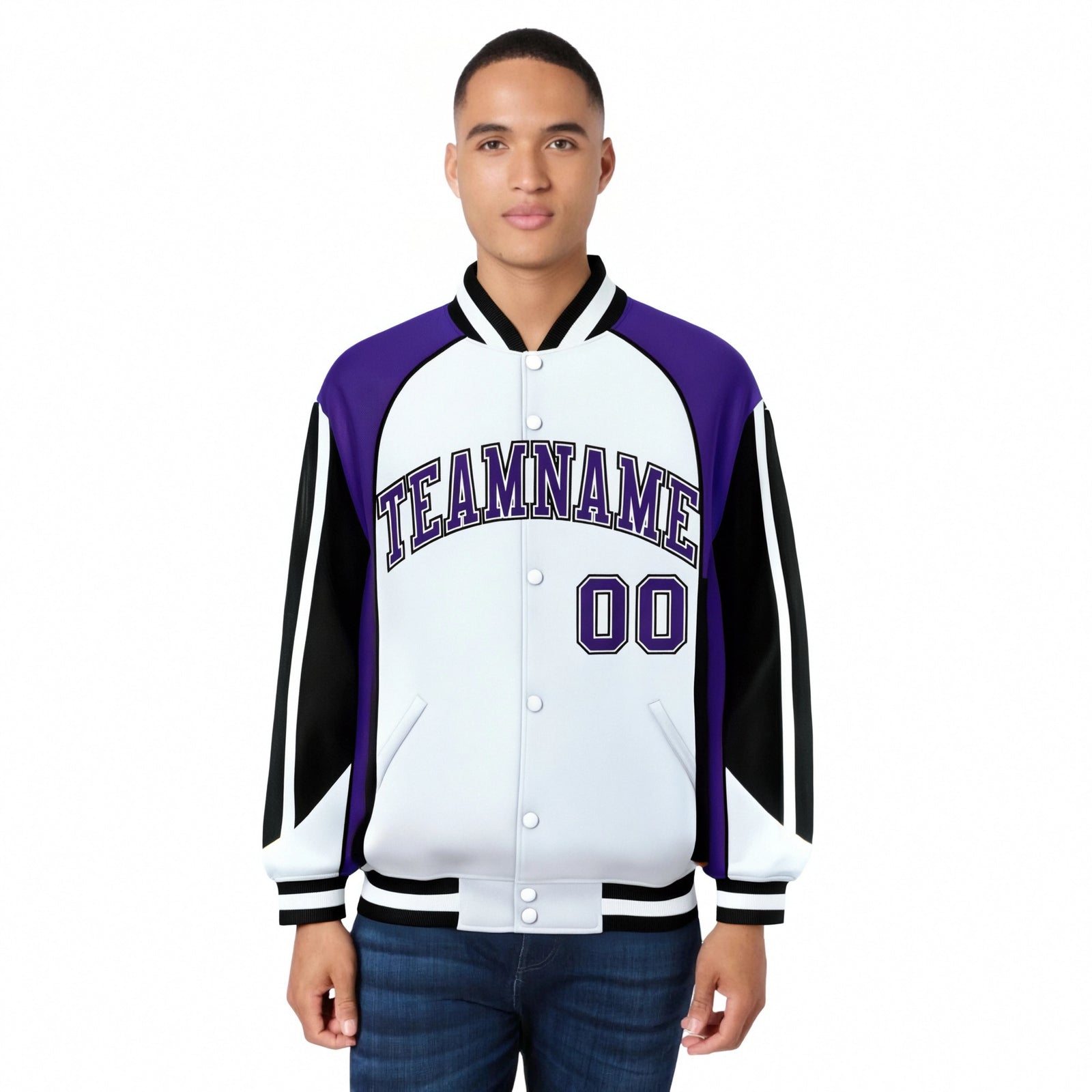 Custom White Purple-Black Raglan Sleeves Varsity Letterman Two Tone Jacket