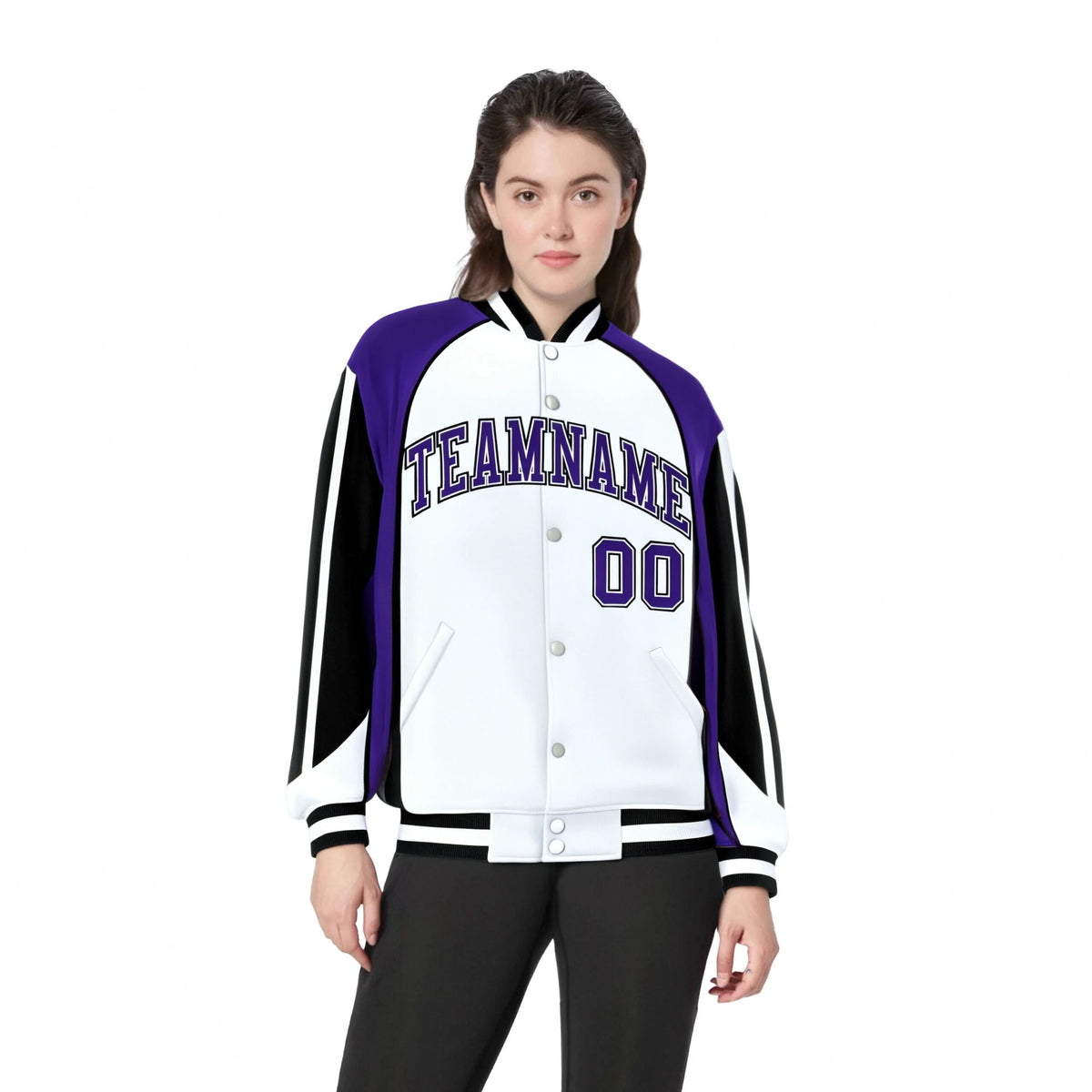 Custom White Purple-Black Raglan Sleeves Varsity Letterman Two Tone Jacket