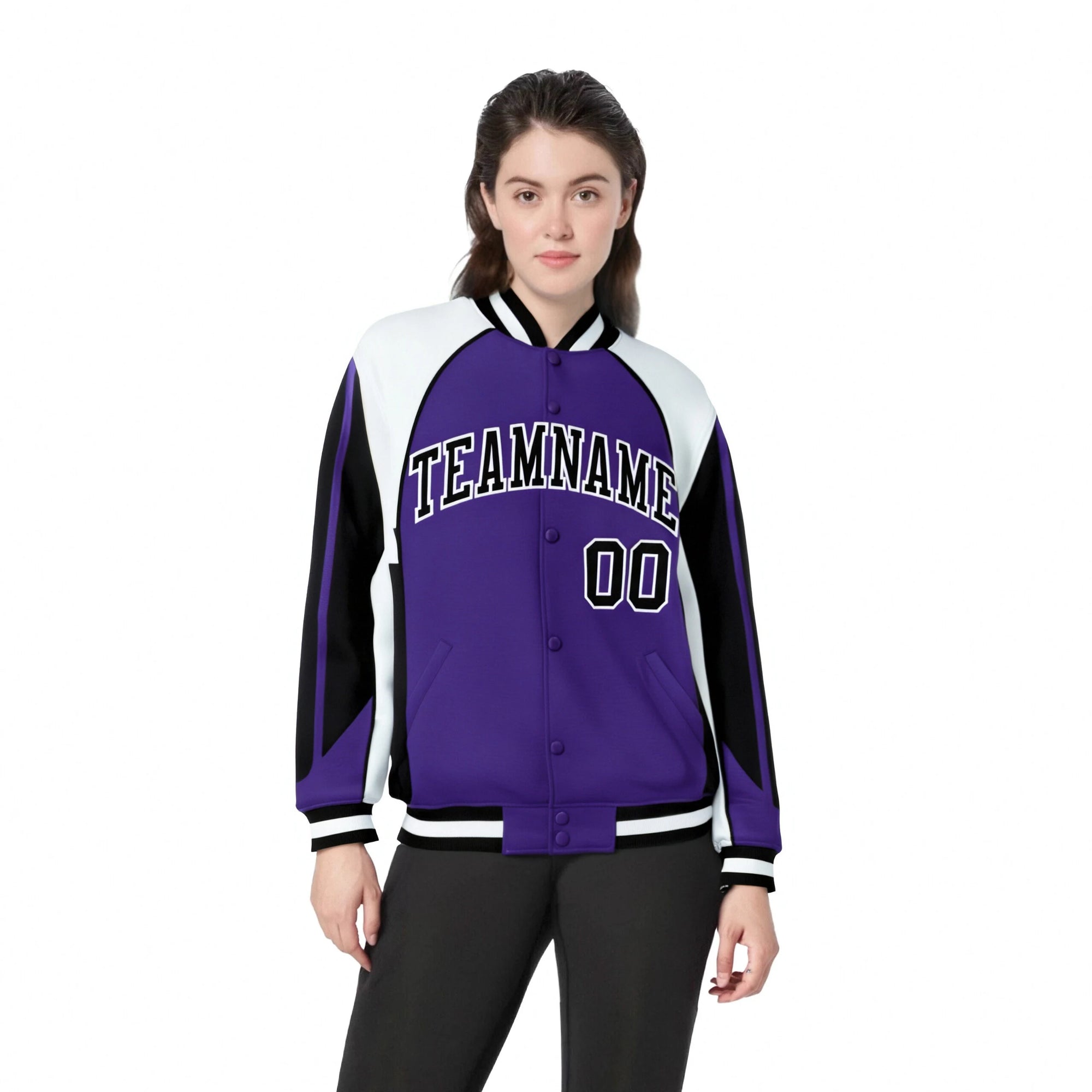 Custom Purple White-Black Raglan Sleeves Varsity Letterman Two Tone Jacket