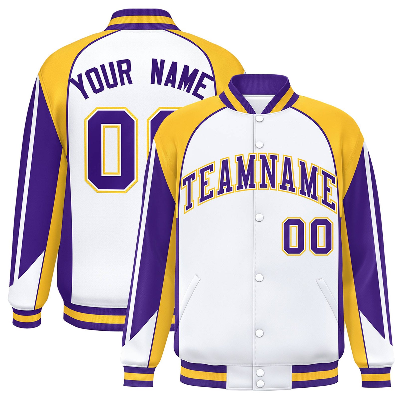 Custom White Yellow-Purple Raglan Sleeves Varsity Letterman Two Tone Jacket