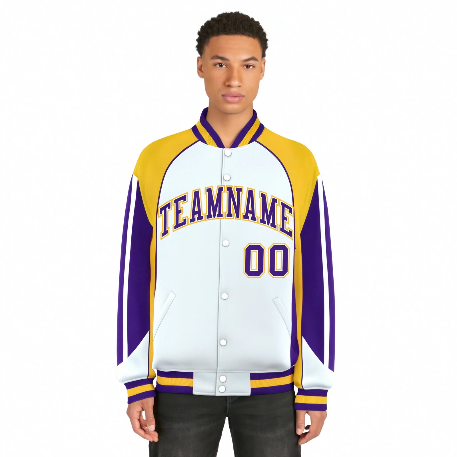 Custom White Yellow-Purple Raglan Sleeves Varsity Letterman Two Tone Jacket