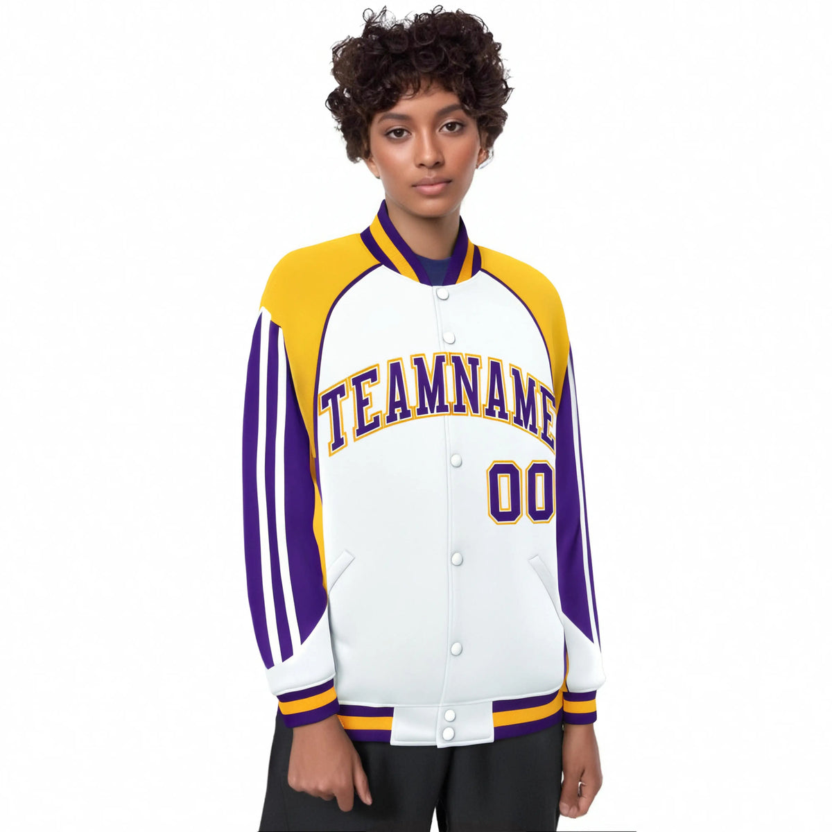 Custom White Yellow-Purple Raglan Sleeves Varsity Letterman Two Tone Jacket
