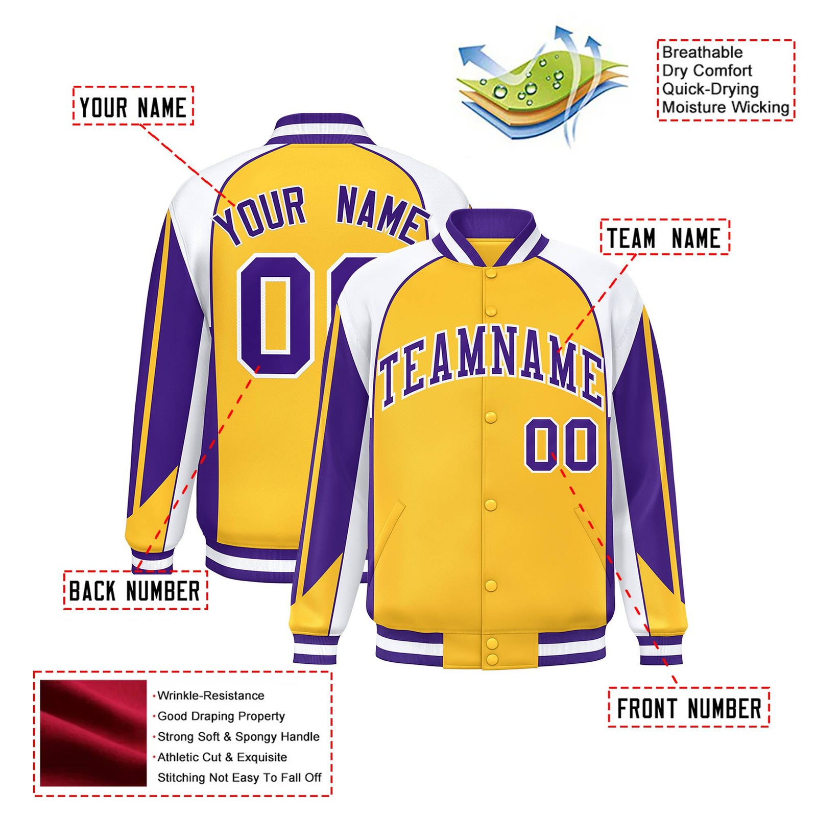Custom Yellow White-Purple Raglan Sleeves Varsity Letterman Two Tone Jacket