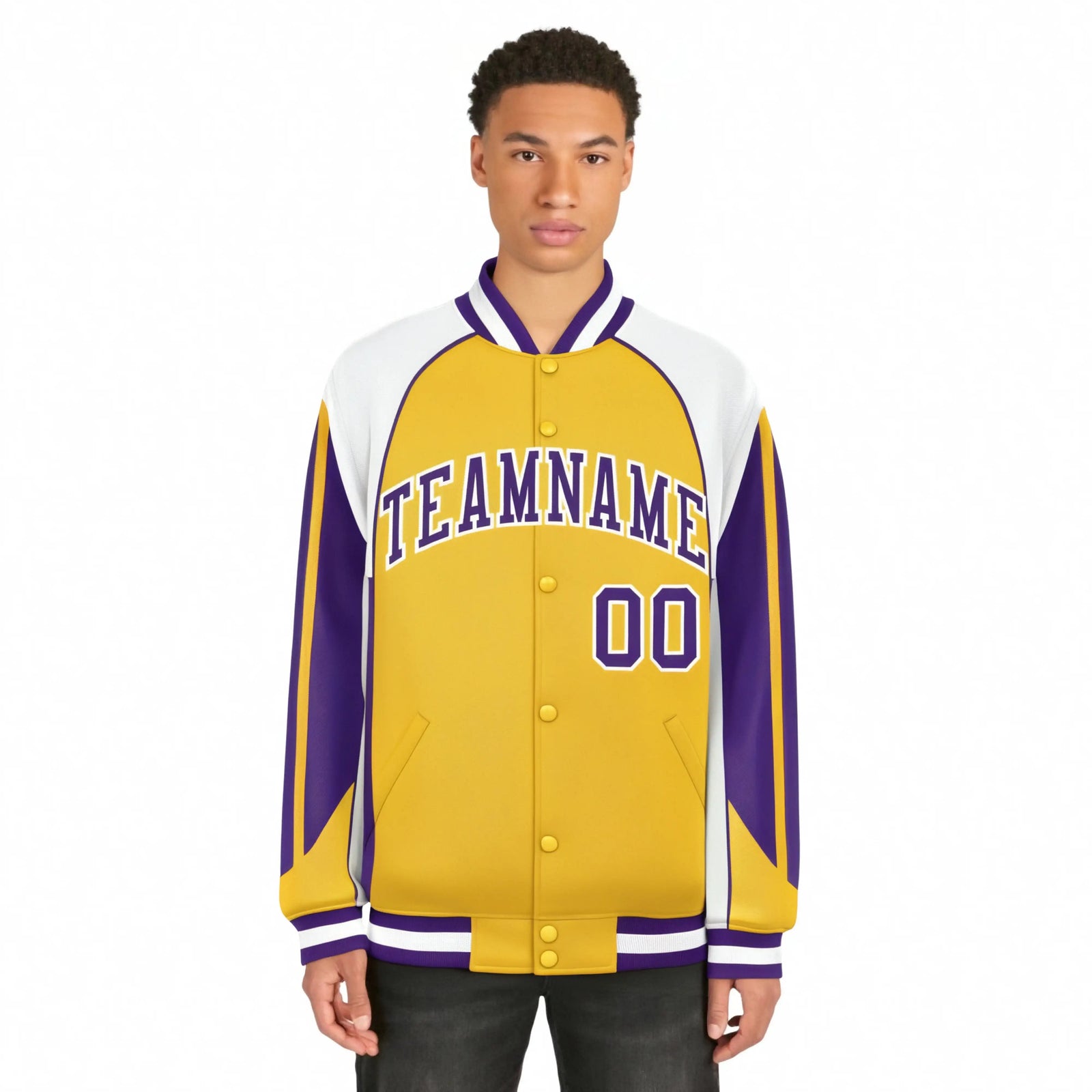 Custom Yellow White-Purple Raglan Sleeves Varsity Letterman Two Tone Jacket