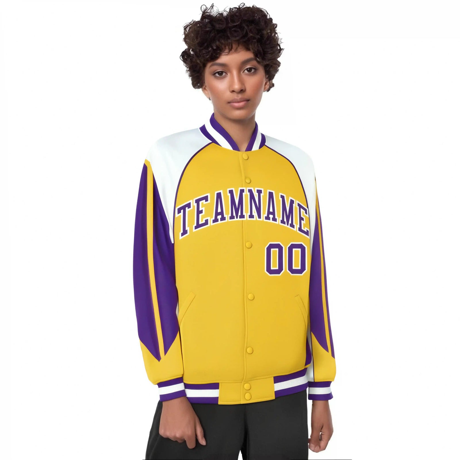 Custom Yellow White-Purple Raglan Sleeves Varsity Letterman Two Tone Jacket