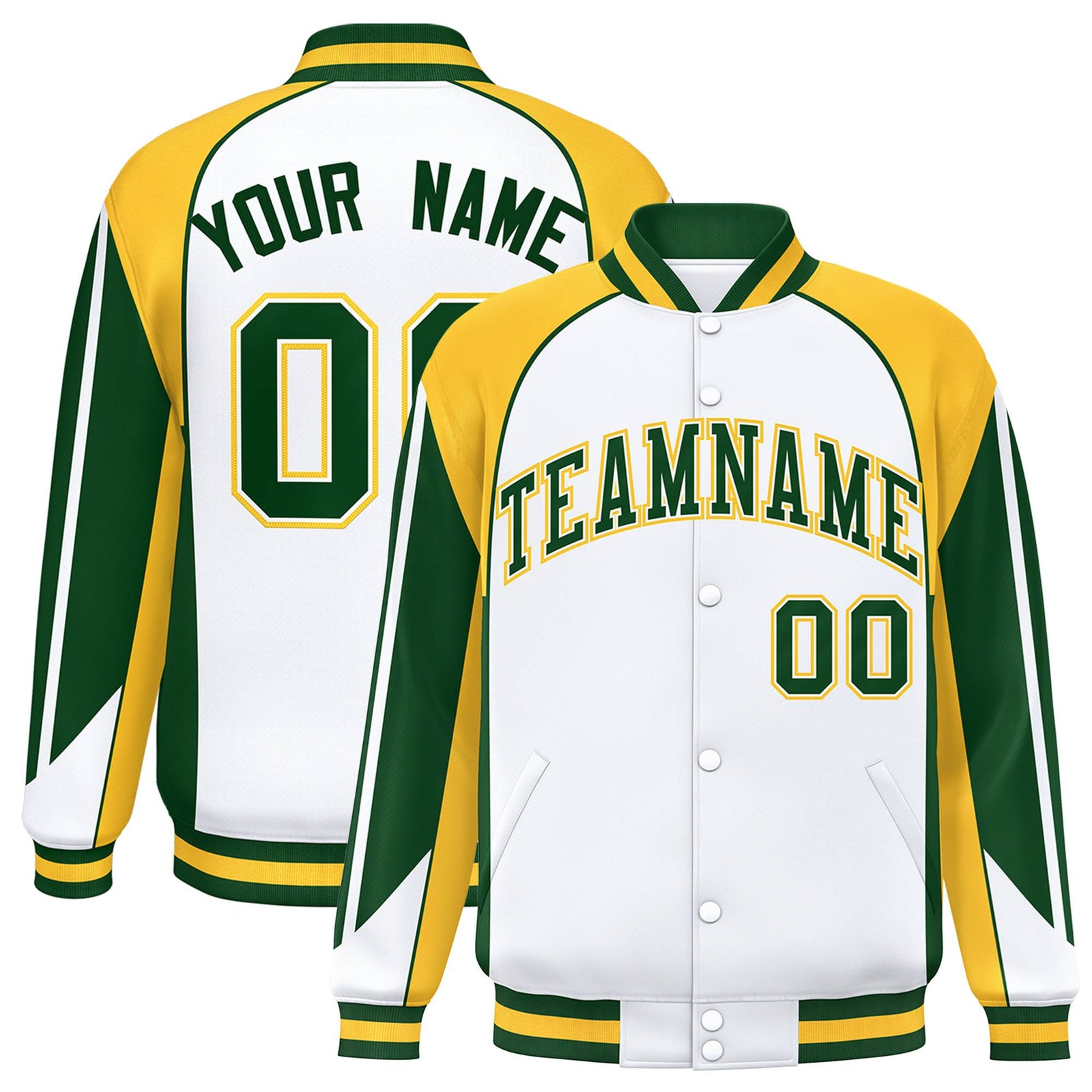 Custom White Yellow Kelly-Green Raglan Sleeves Varsity Letterman Two Tone Jacket