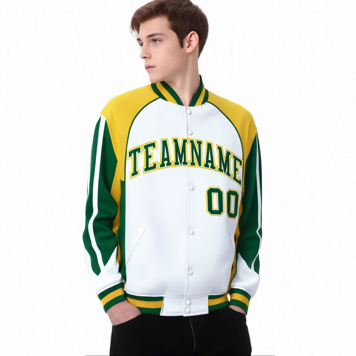 Custom White Yellow Kelly-Green Raglan Sleeves Varsity Letterman Two Tone Jacket