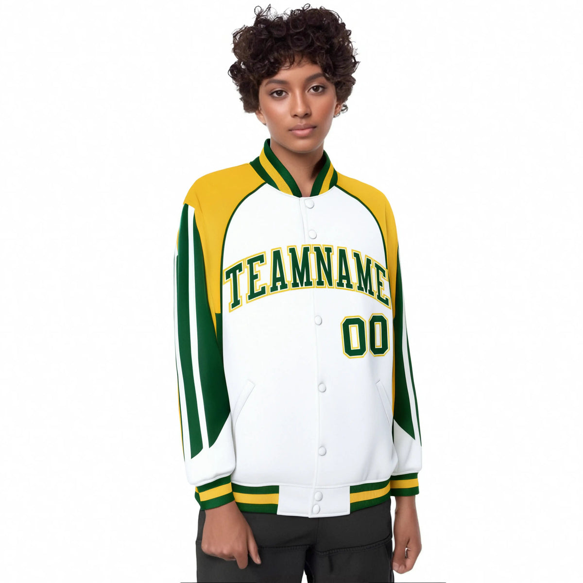 Custom White Yellow Kelly-Green Raglan Sleeves Varsity Letterman Two Tone Jacket