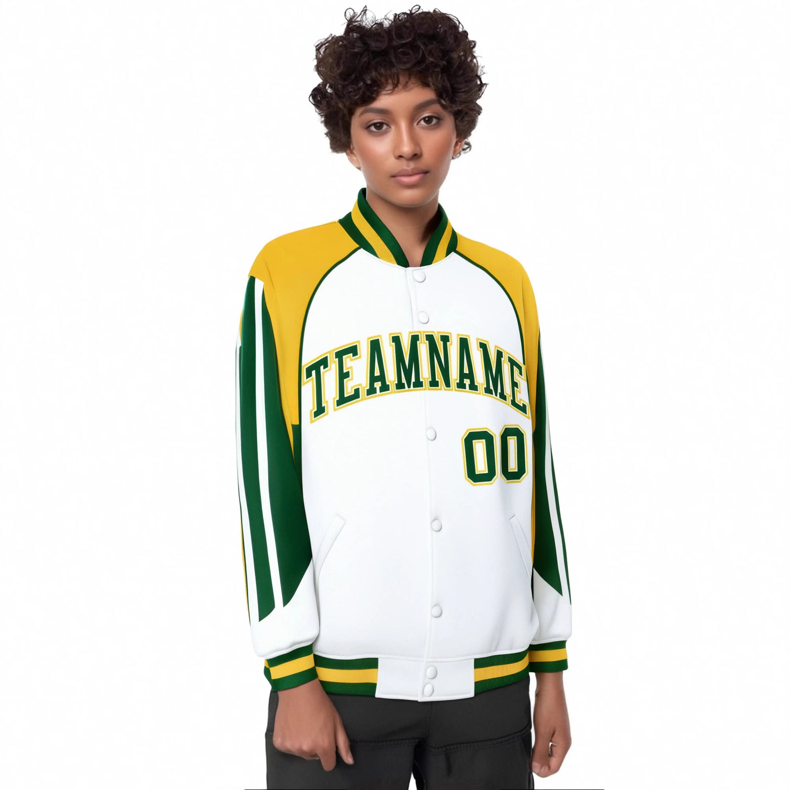 Custom White Yellow Kelly-Green Raglan Sleeves Varsity Letterman Two Tone Jacket