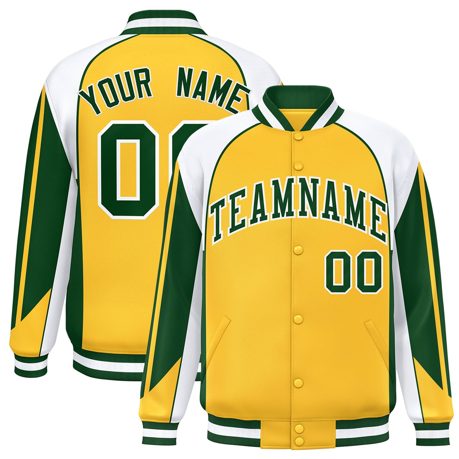 Custom Yellow White Kelly-Green Raglan Sleeves Varsity Letterman Two Tone Jacket