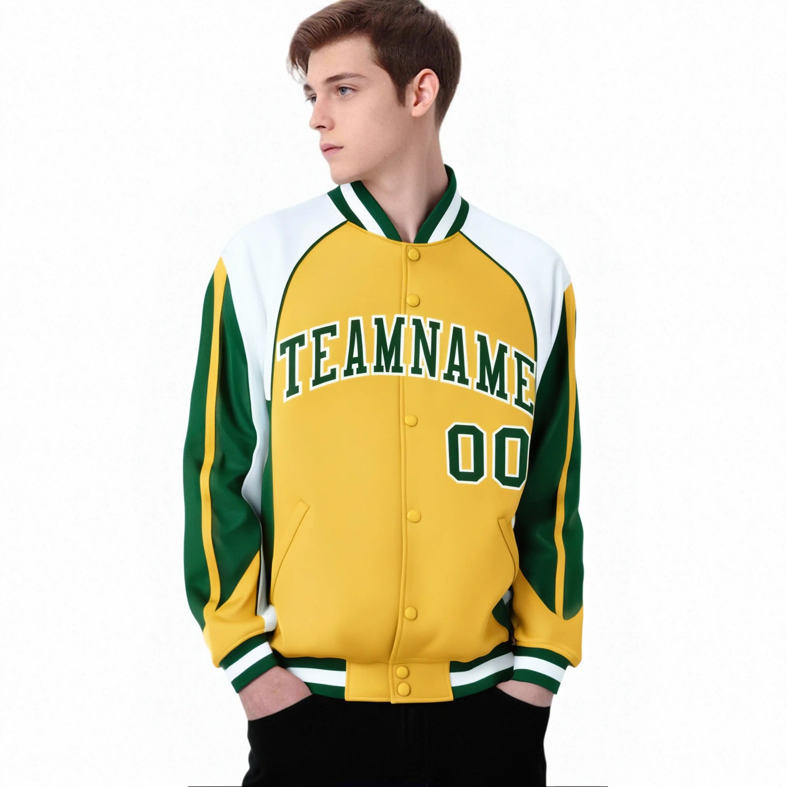 Custom Yellow White Kelly-Green Raglan Sleeves Varsity Letterman Two Tone Jacket