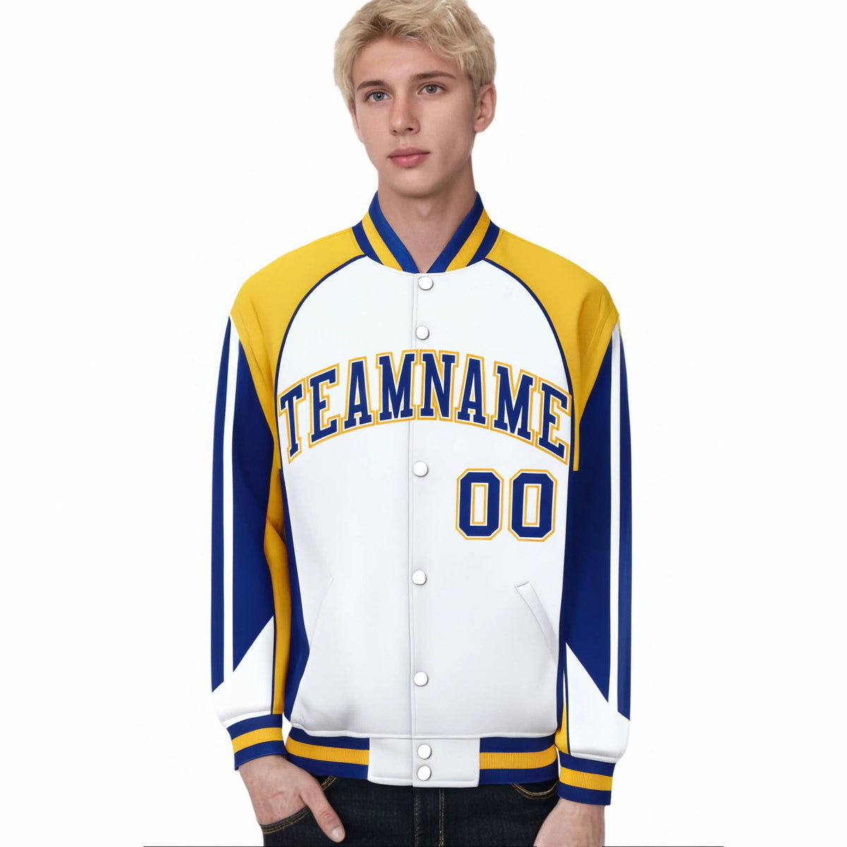 Custom White Yellow-Purple Raglan Sleeves Varsity Letterman Two Tone Jacket