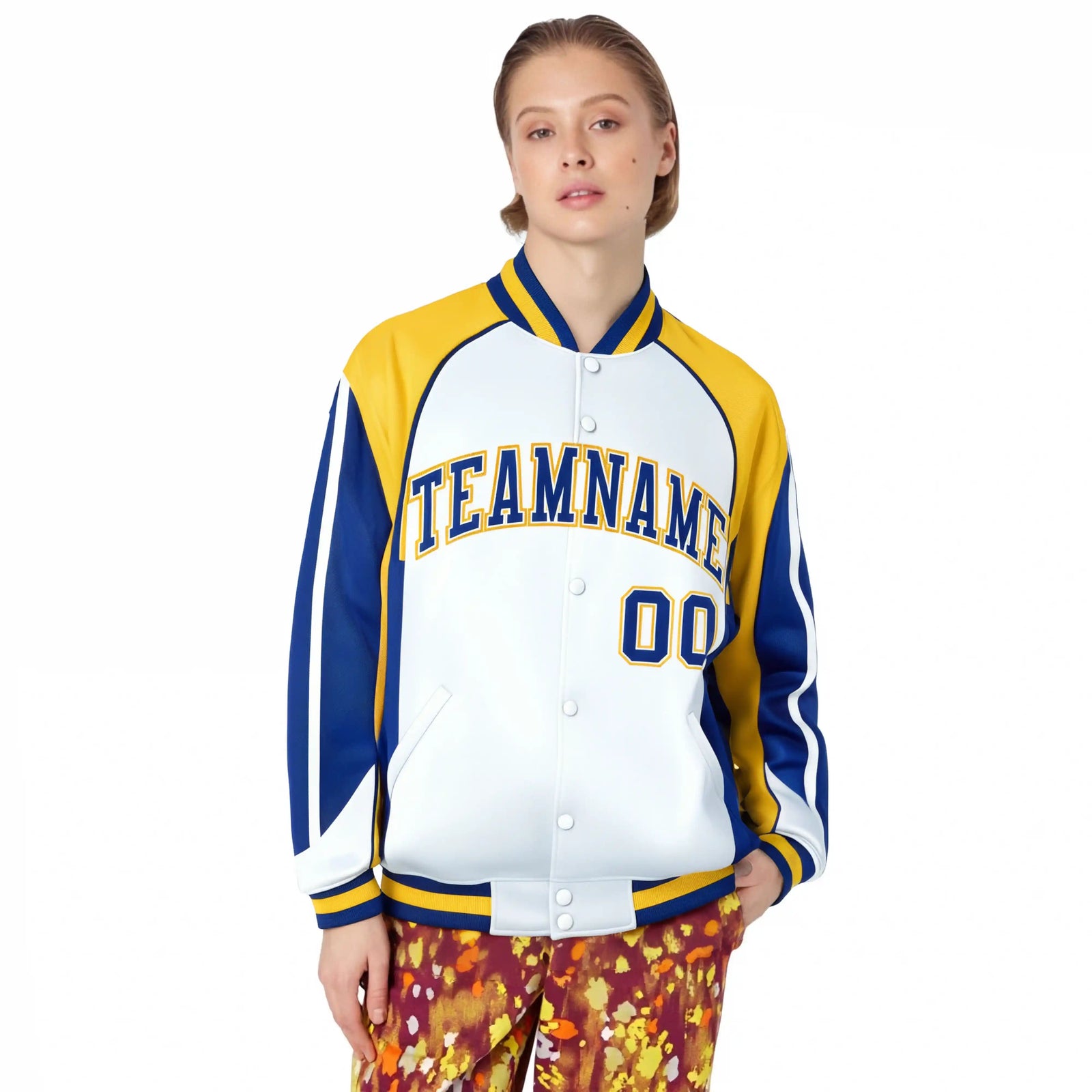 Custom White Yellow-Purple Raglan Sleeves Varsity Letterman Two Tone Jacket