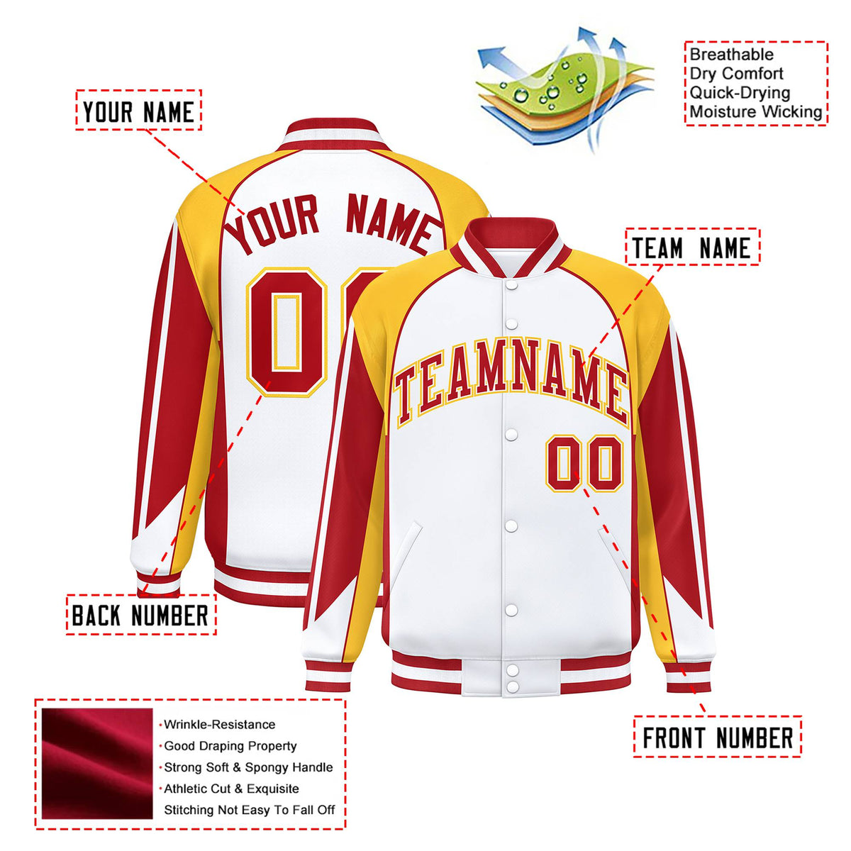 Custom White Yellow-Red Raglan Sleeves Varsity Letterman Two Tone Jacket