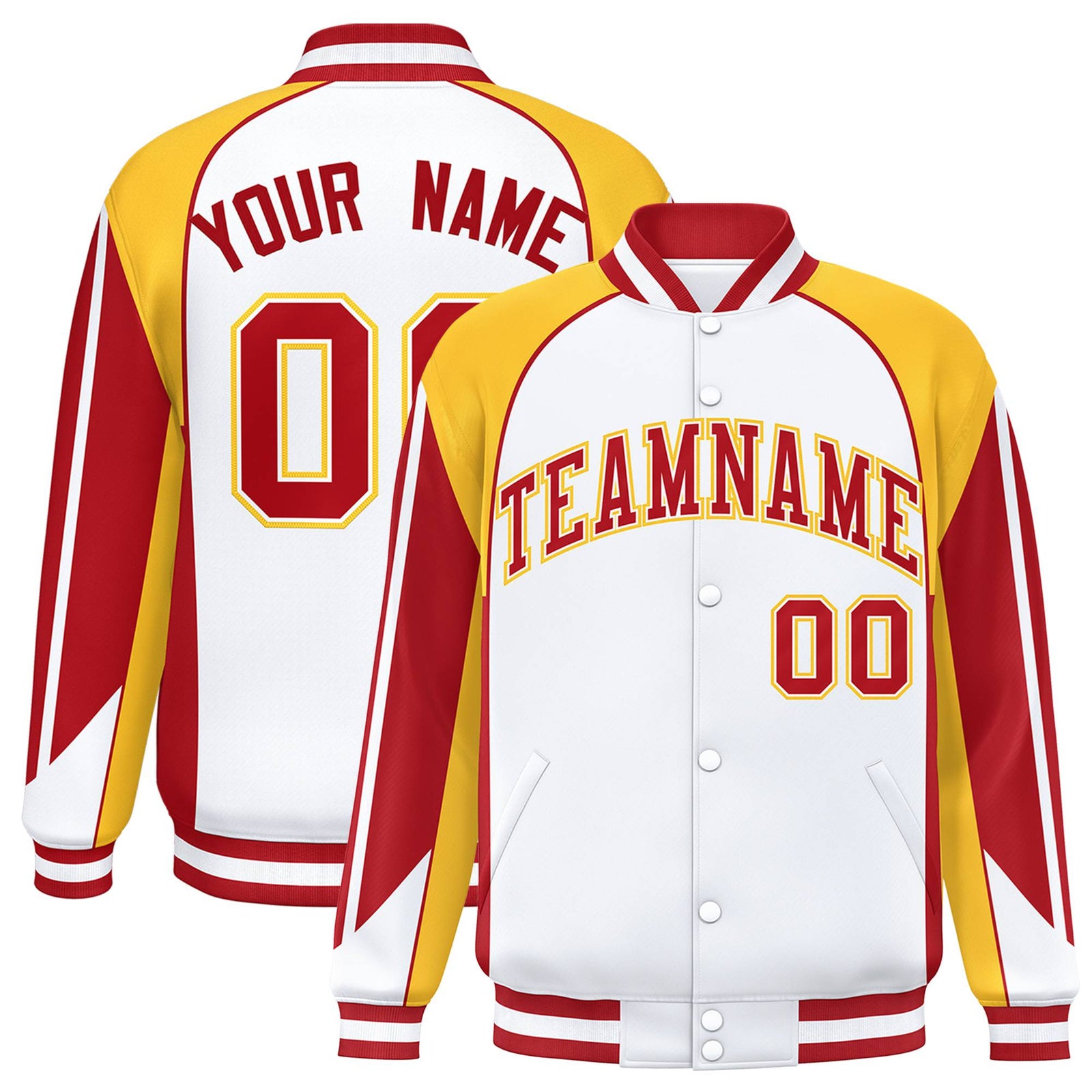 Custom White Yellow-Red Raglan Sleeves Varsity Letterman Two Tone Jacket