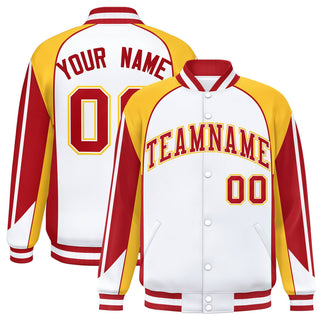 Chaqueta universitaria personalizada con mangas raglán en blanco, amarillo y rojo - Estilo 1