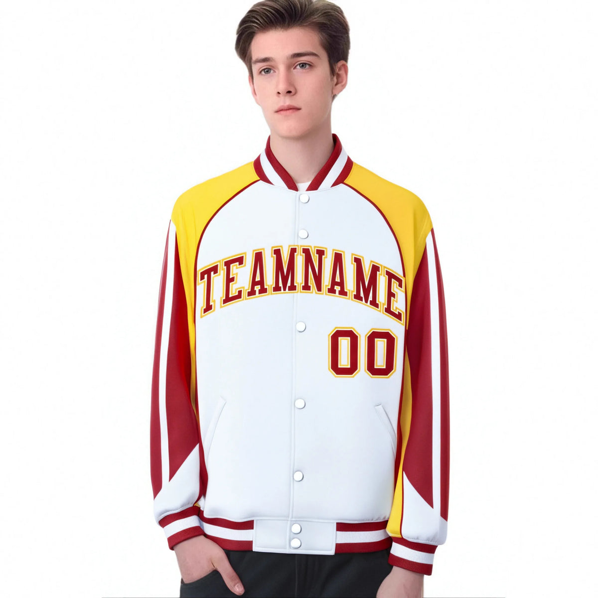 Custom White Yellow-Red Raglan Sleeves Varsity Letterman Two Tone Jacket
