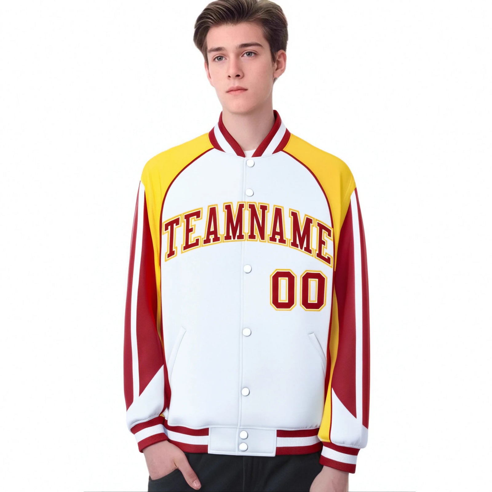 Custom White Yellow-Red Raglan Sleeves Varsity Letterman Two Tone Jacket