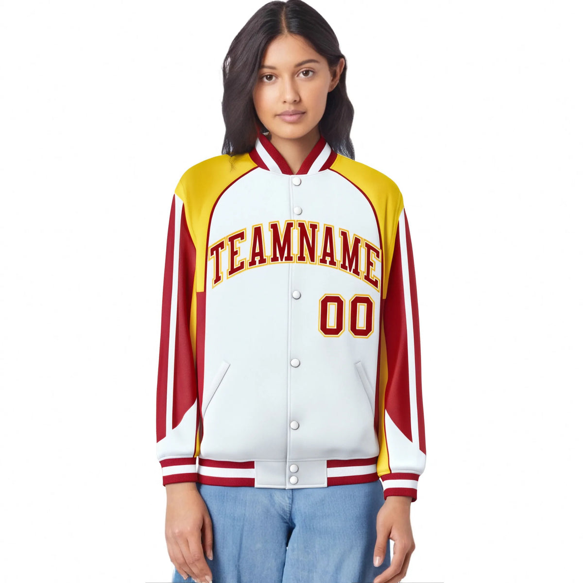 Custom White Yellow-Red Raglan Sleeves Varsity Letterman Two Tone Jacket
