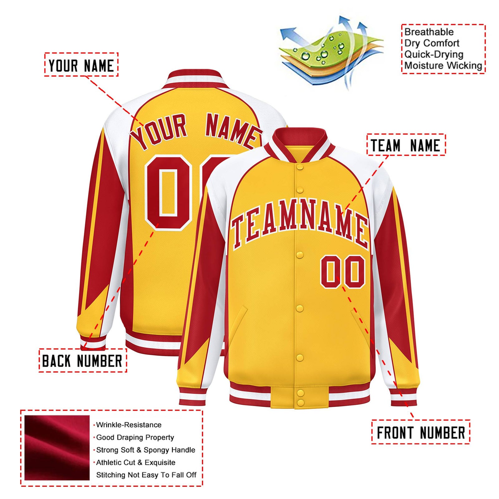 Custom Yellow White-Red Raglan Sleeves Varsity Letterman Two Tone Jacket