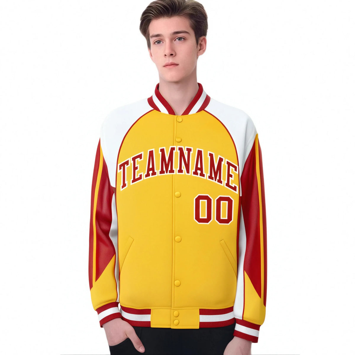 Custom Yellow White-Red Raglan Sleeves Varsity Letterman Two Tone Jacket