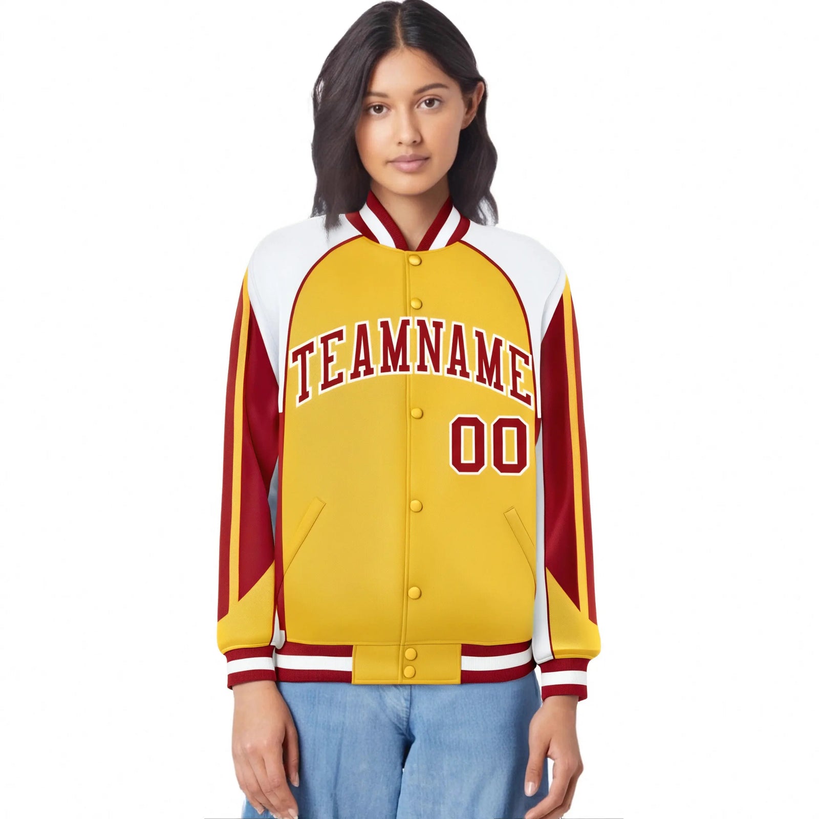 Custom Yellow White-Red Raglan Sleeves Varsity Letterman Two Tone Jacket