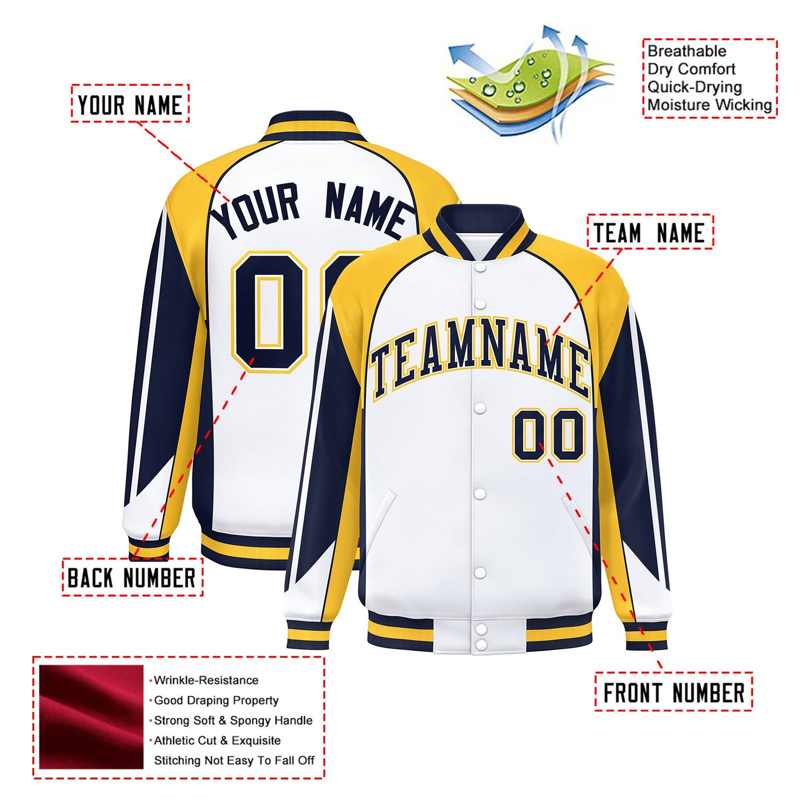 Custom White Yellow-Navy Raglan Sleeves Varsity Letterman Two Tone Jacket