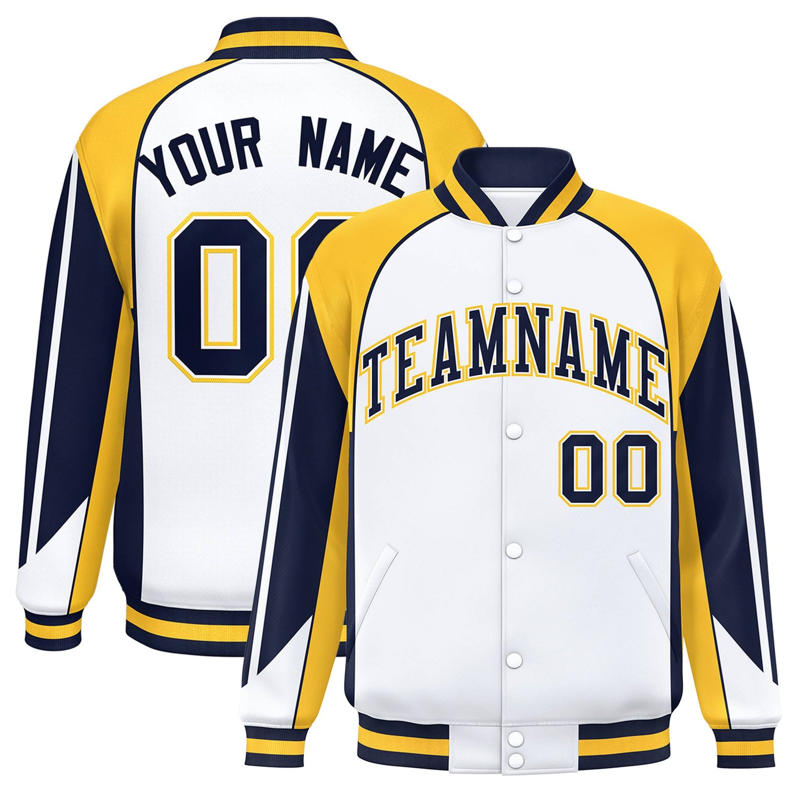 Custom White Yellow-Navy Raglan Sleeves Varsity Letterman Two Tone Jacket